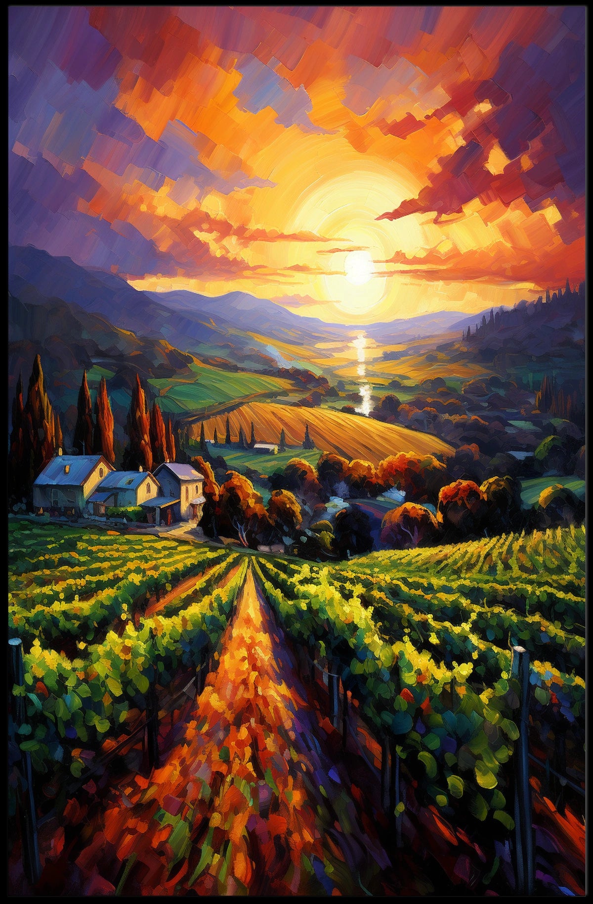 Vibrant Vineyard Sunset Landscape Impressionistic Artistic Poster