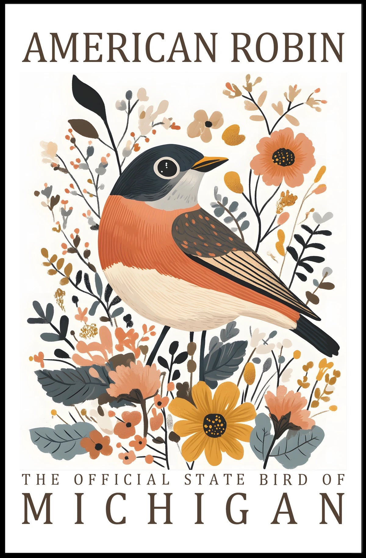 American Robin Michigan State Bird Art Poster