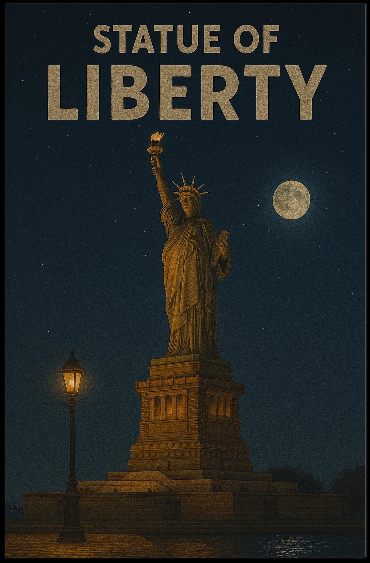 Statue Of Liberty Night Scene Poster Vintage Wall Art