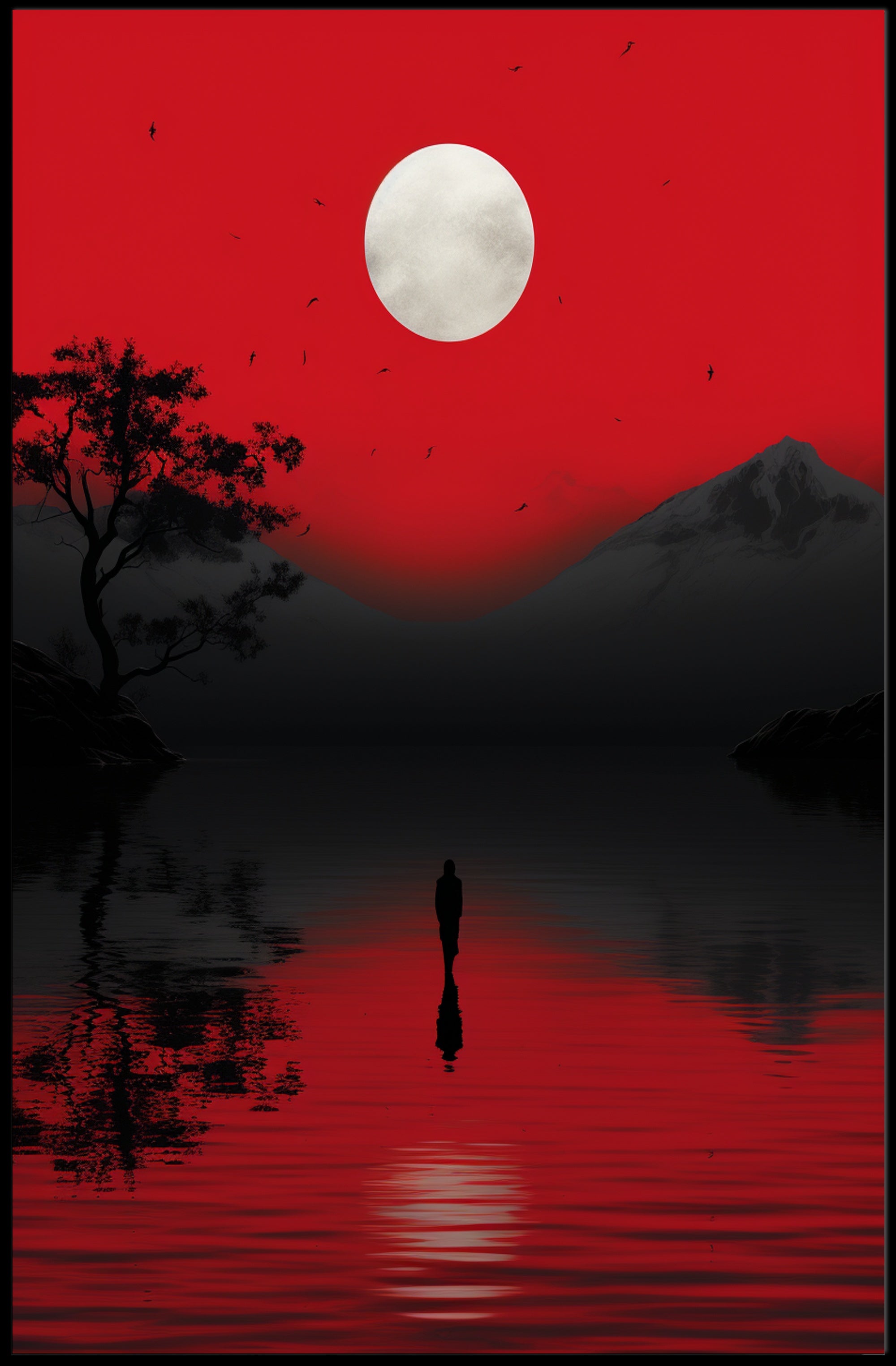 Solitary Reflection Under A Crimson Sky Poster