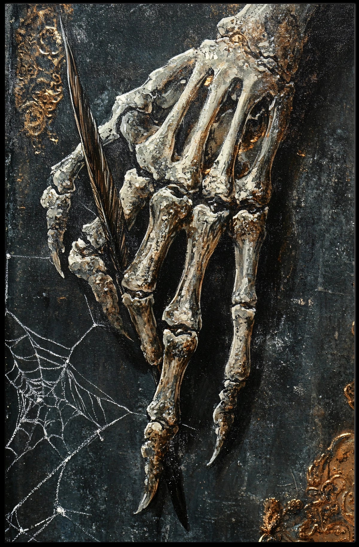 Skeletal Quill Artistic Poster Captures Creativity and Mortality