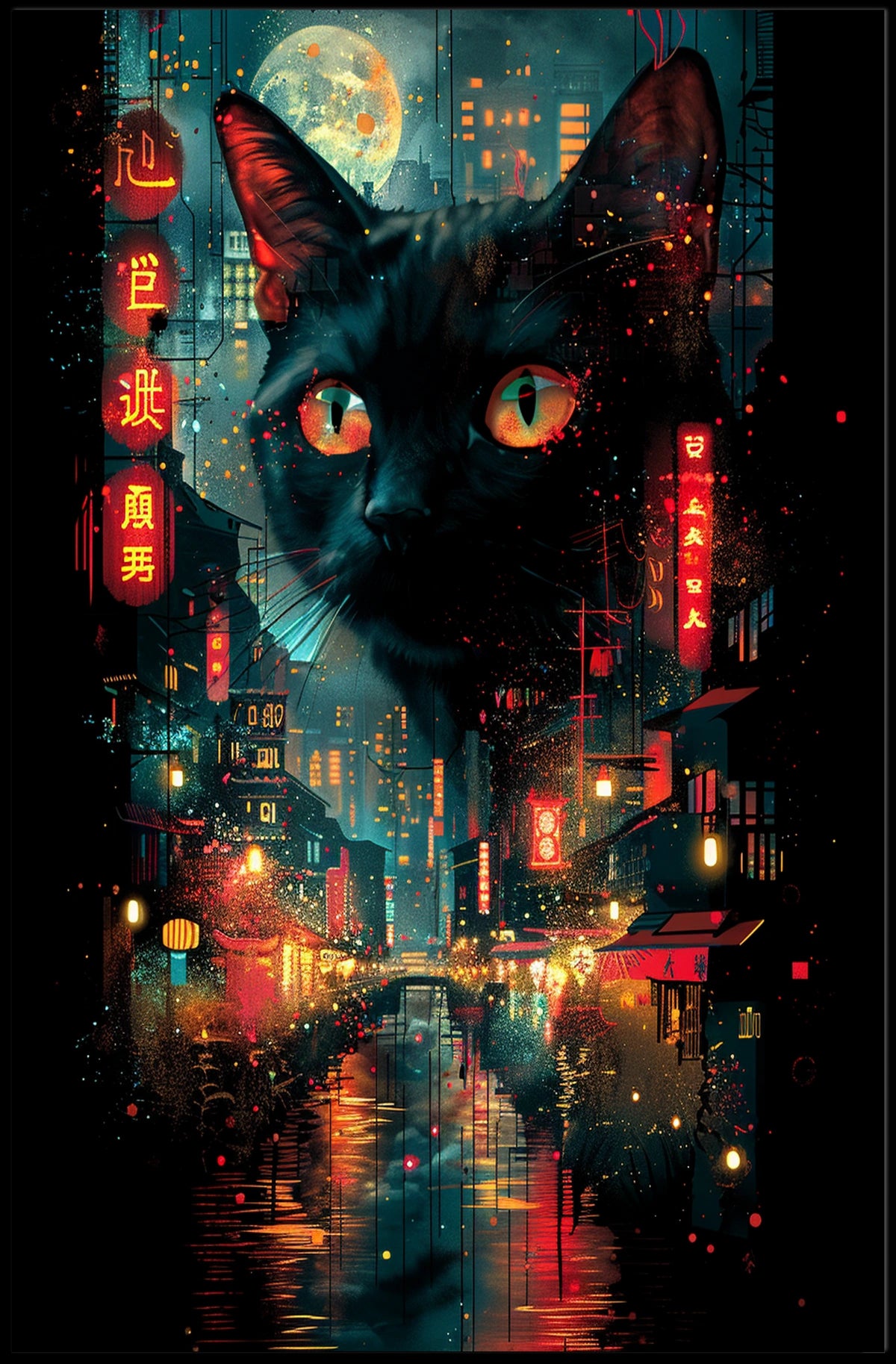 Surreal Cityscape Poster with Floating Black Cat