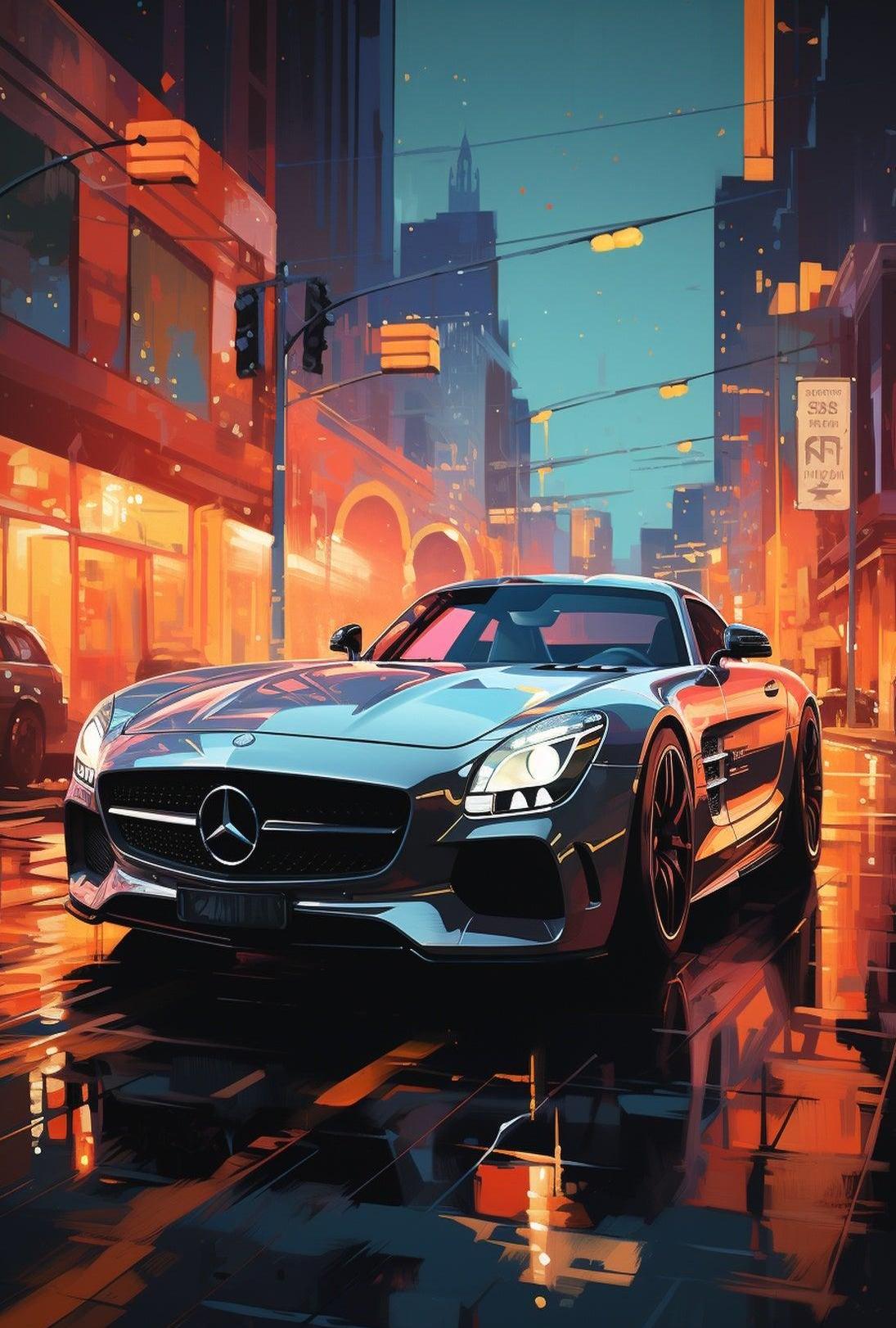 Sleek Urban Sports Car on Vibrant City Street Poster