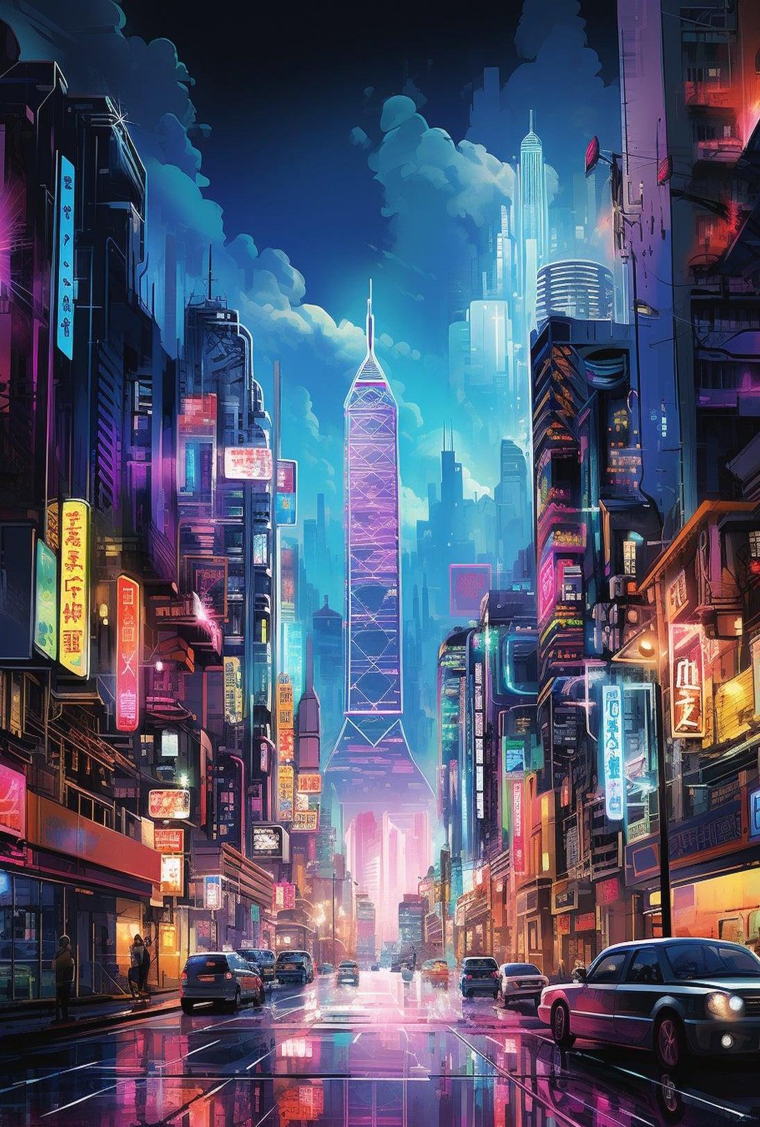 Futuristic Neon-Lit Cyberpunk Cityscape Futuristic Sci-Fi Poster
