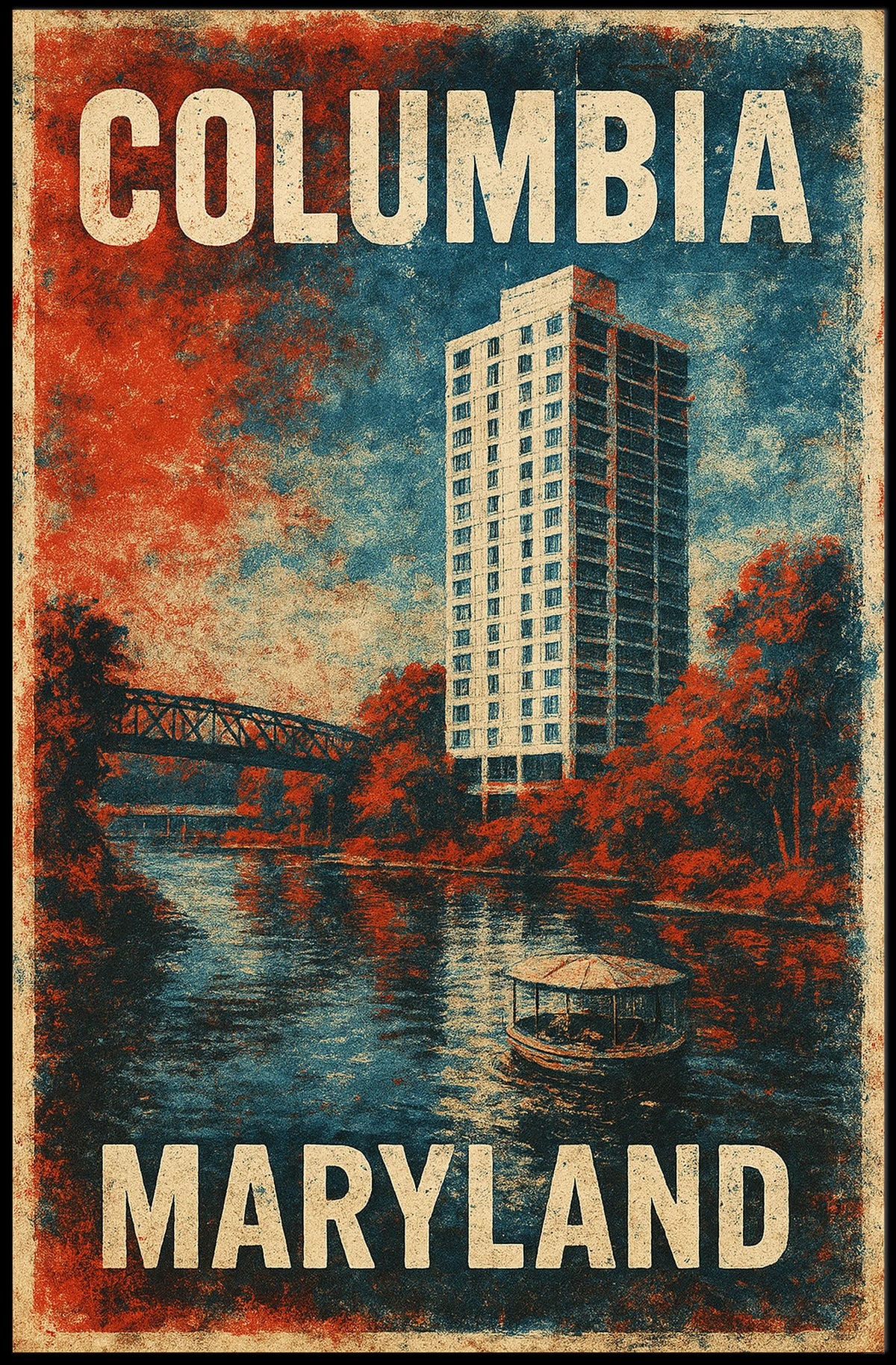 Columbia Maryland Scenic Cityscape Travel Minimalist Retro Vintage Collectors Poster