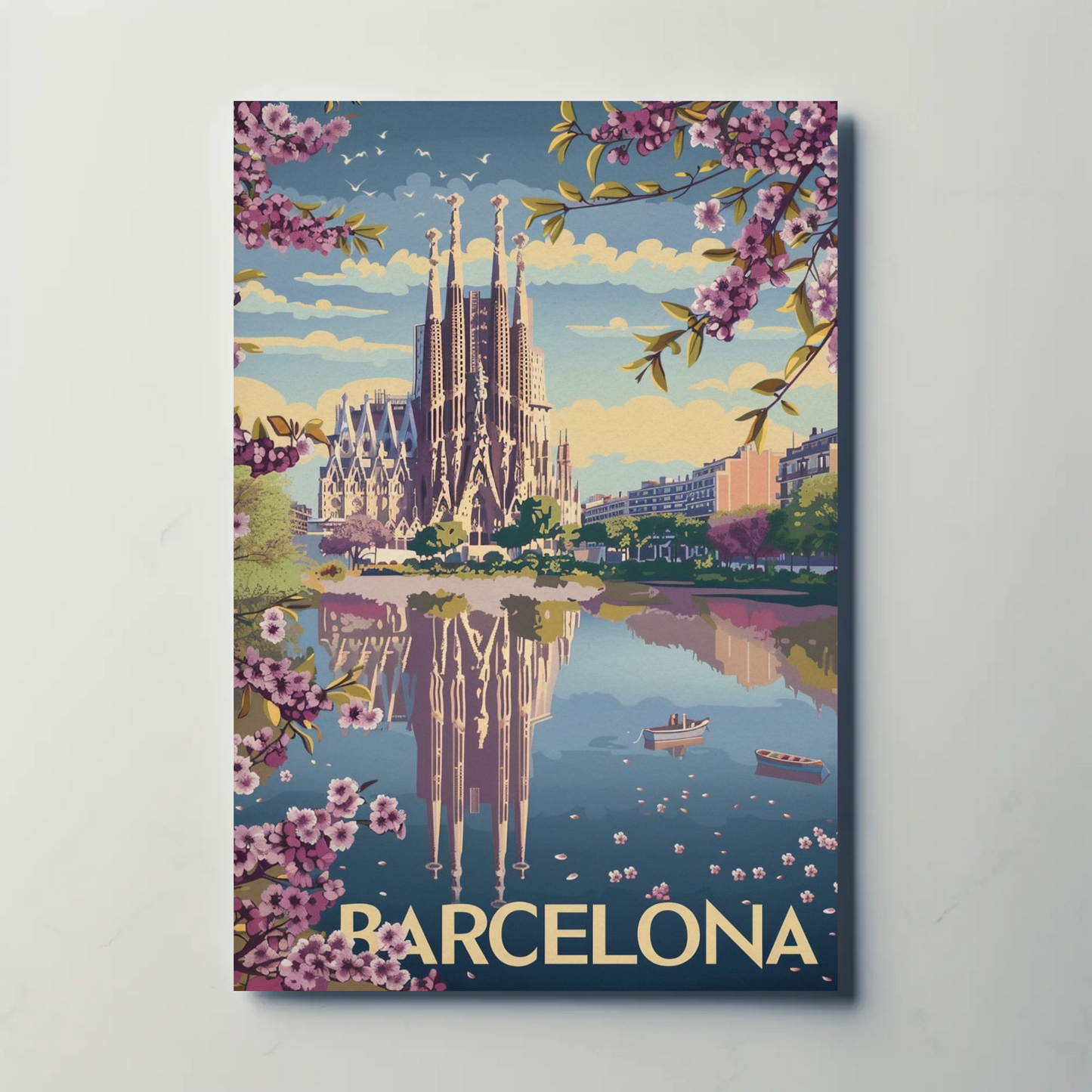 Barcelona Spain Blossoms and Cathedral Travel Poster