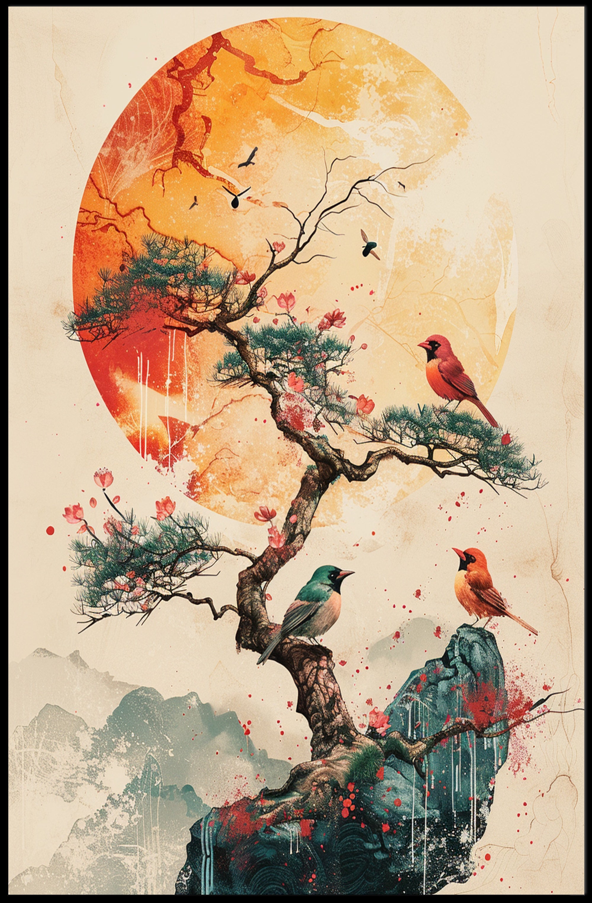 Serene Bonsai Tree with Vibrant Birds Poster PosterGoat