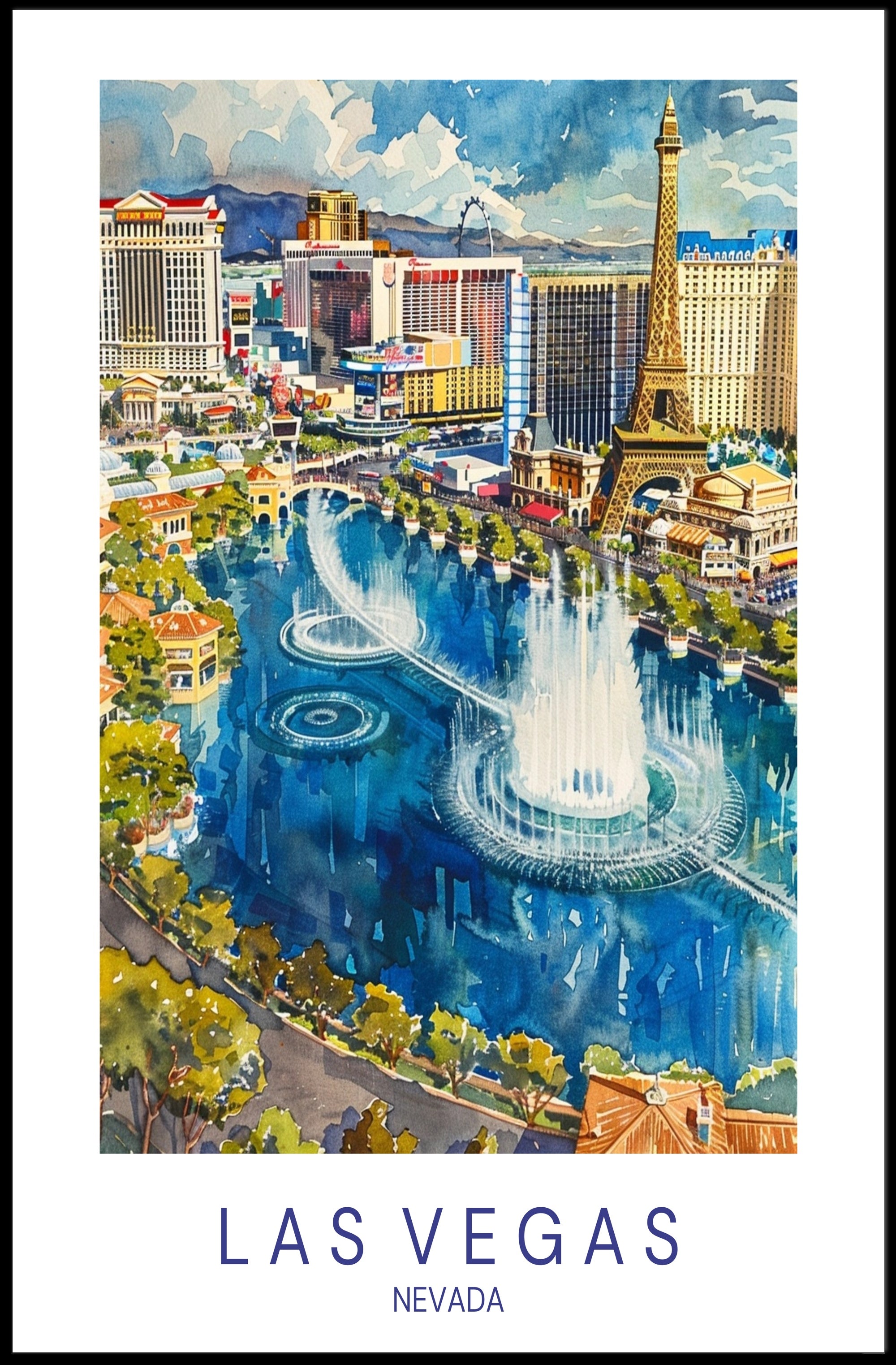 Las Vegas Cityscape Watercolor Illustration Travel Poster PosterGoat