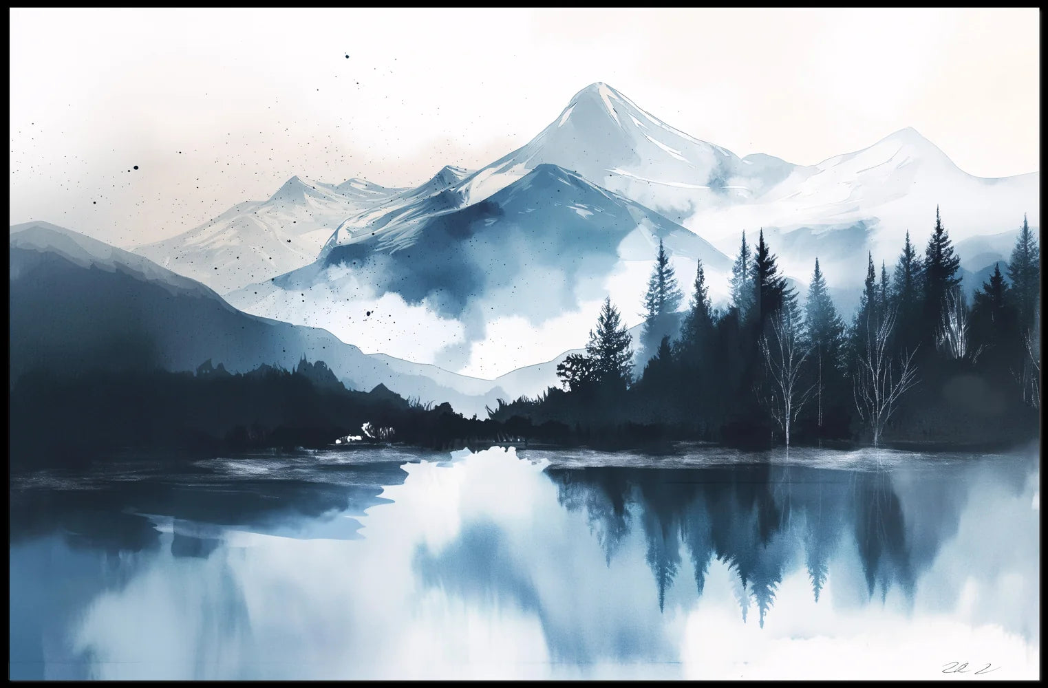 Serene Snowy Mountain Watercolor Landscape Poster