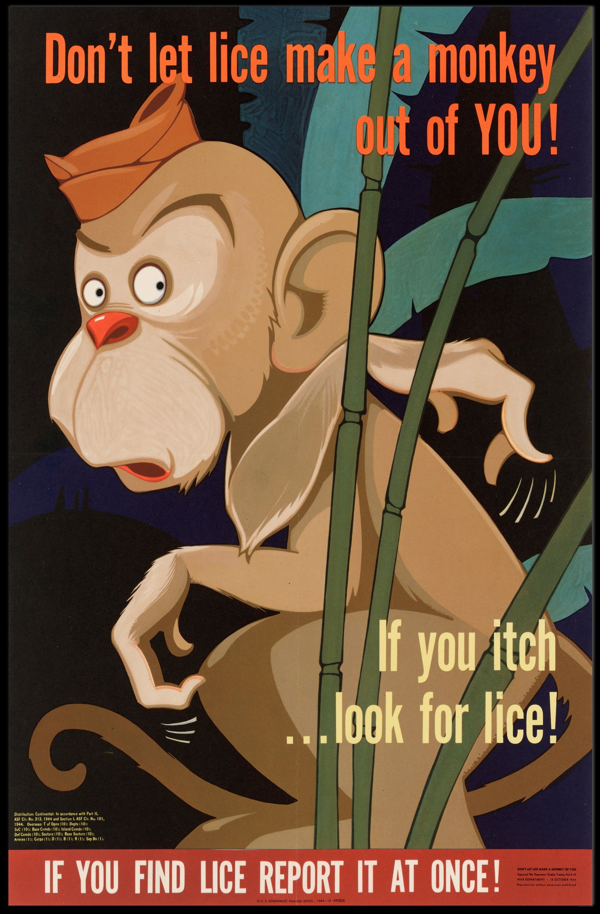Vintage Cartoon Monkey Lice Prevention Educational Poster PosterGoat