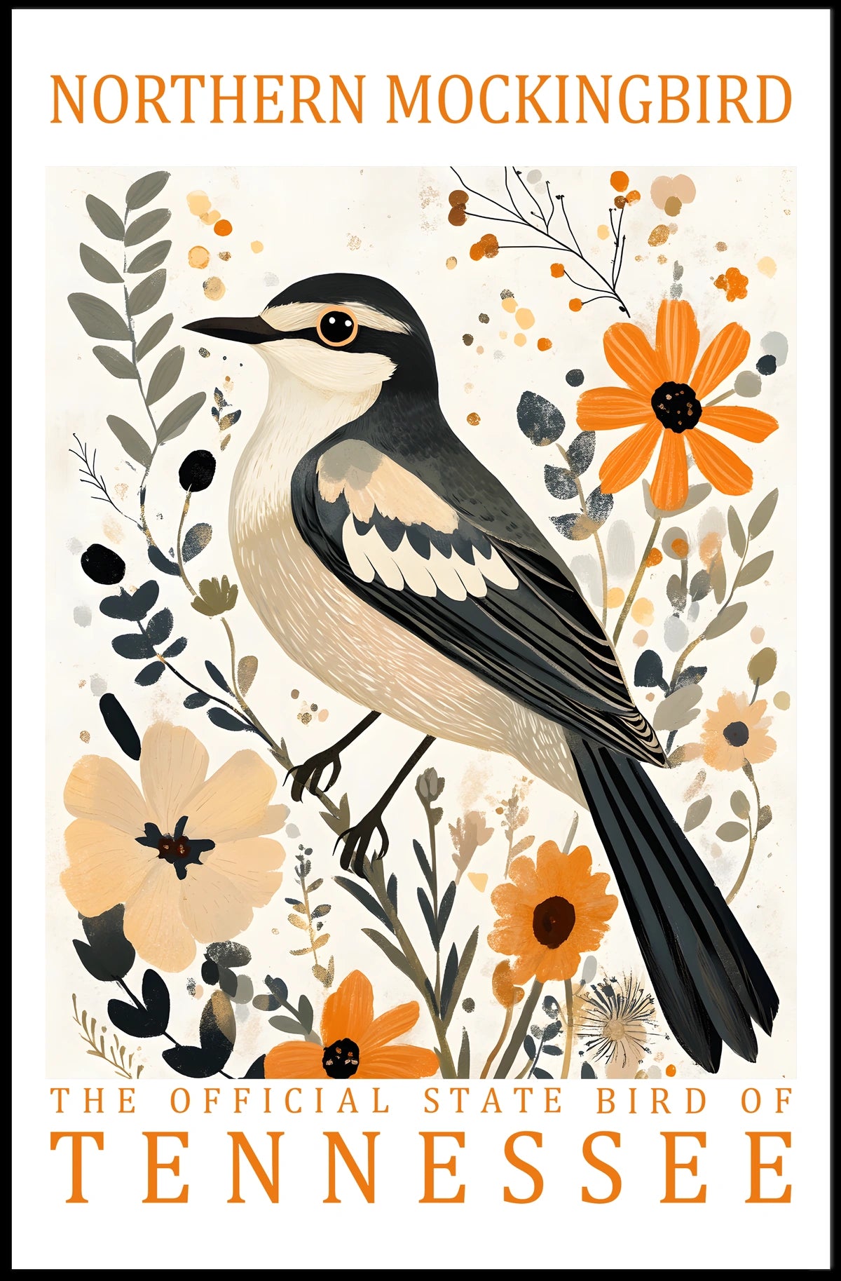 Tennessee Northern Mockingbird Nature Art Poster Print