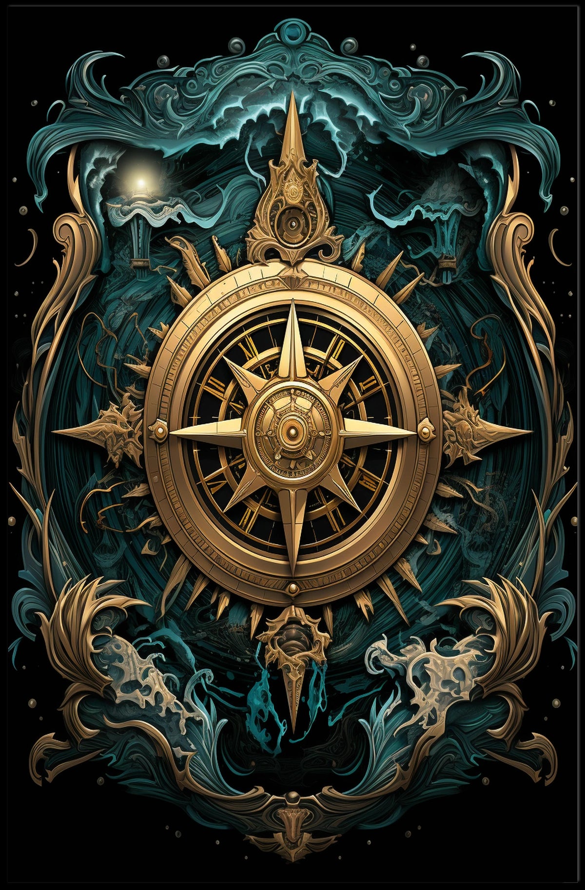 Mystical Seas Adventure Compass Surrealism Poster
