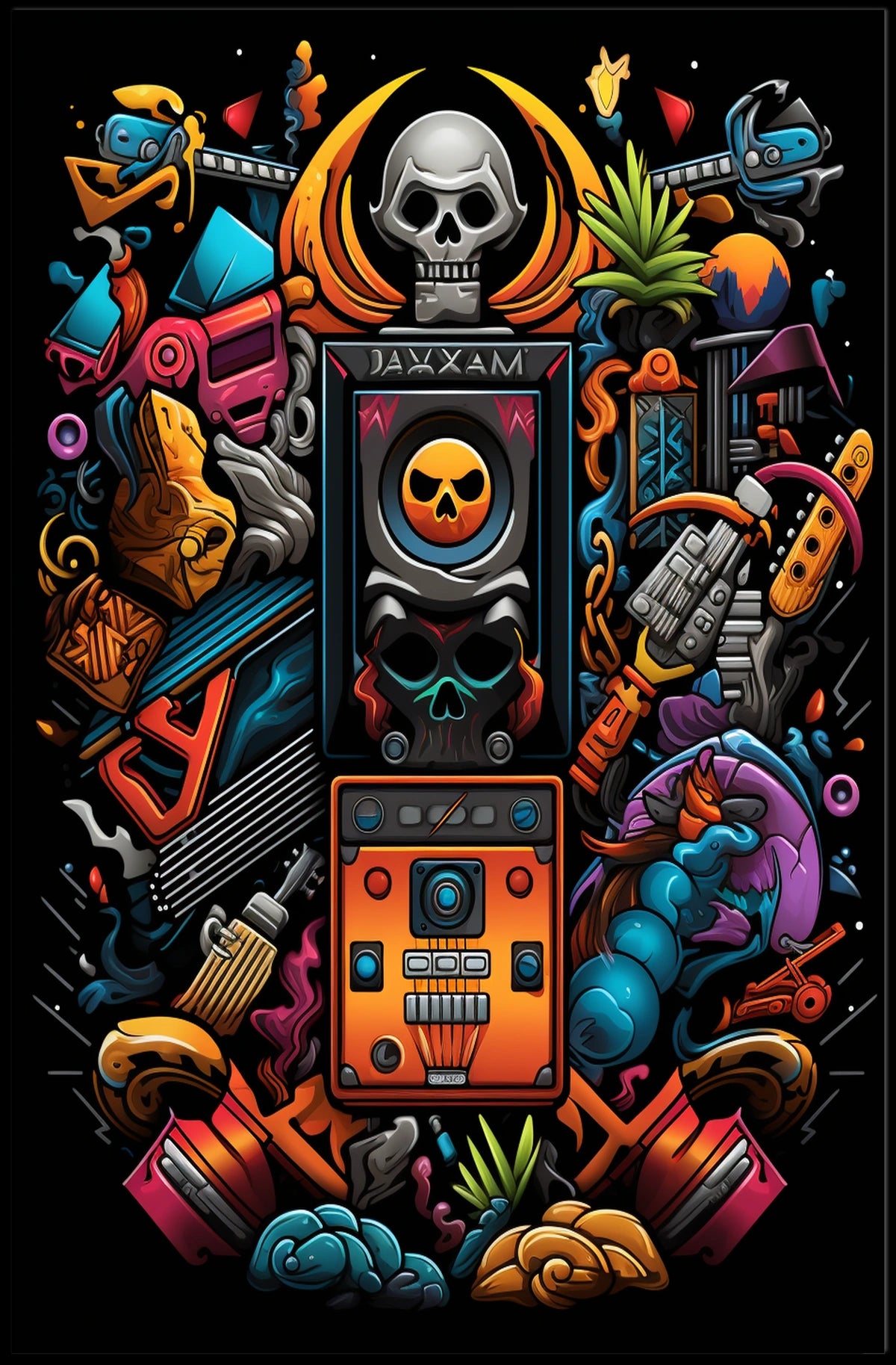 Vibrant Skull Surrealism: Modern Abstract Art Poster