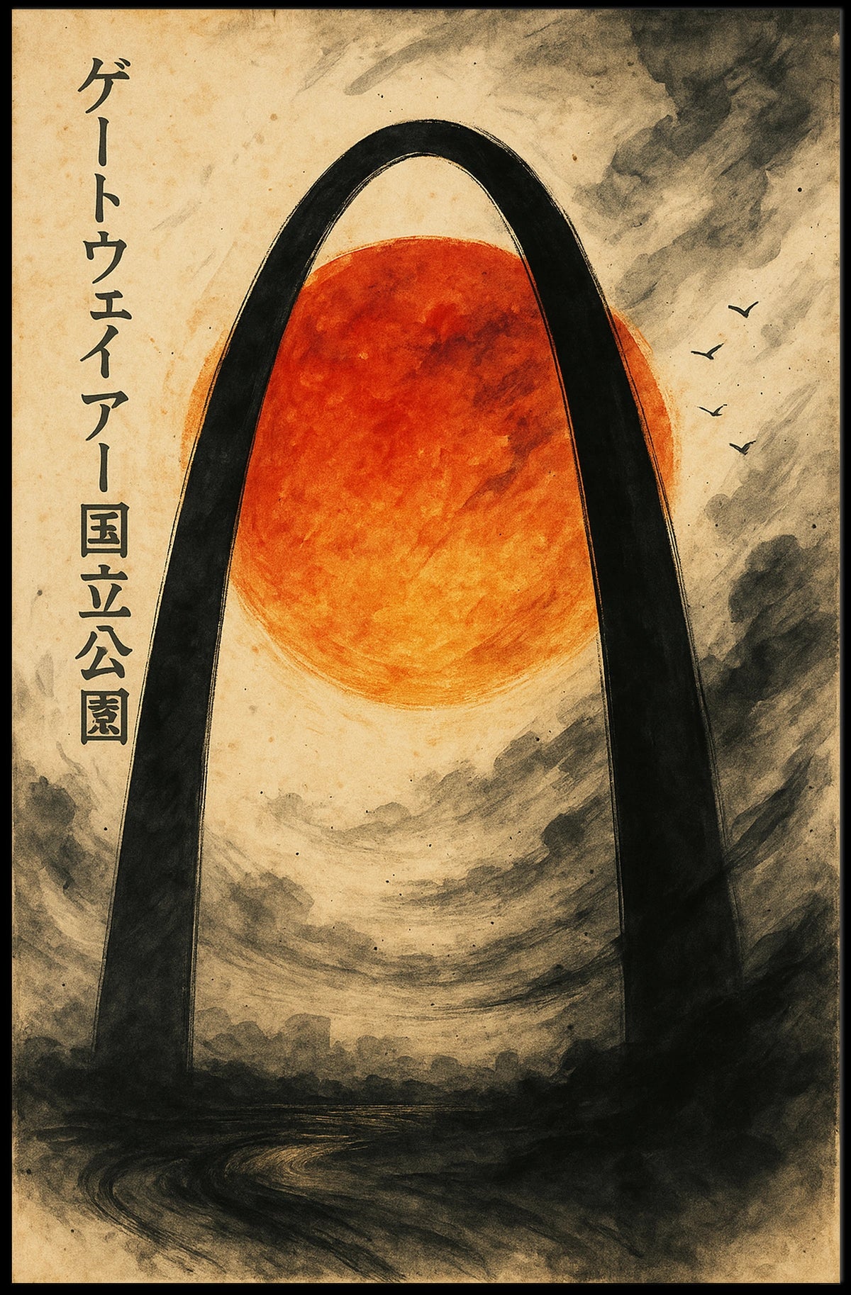 Stylized Arch and Red Sun Vintage Artistic Japanese Poster