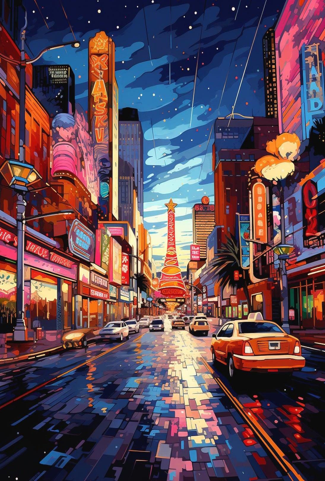 Vibrant Neon Nightlife Urban Cityscape Artistic Poster