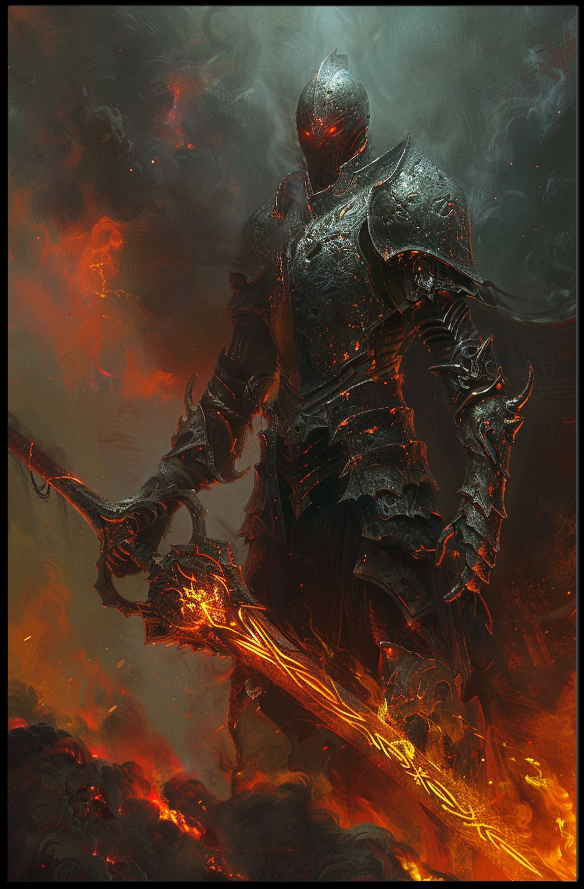 Armored Knight in Fiery Realm Fantasy or Mythology Poster PosterGoat