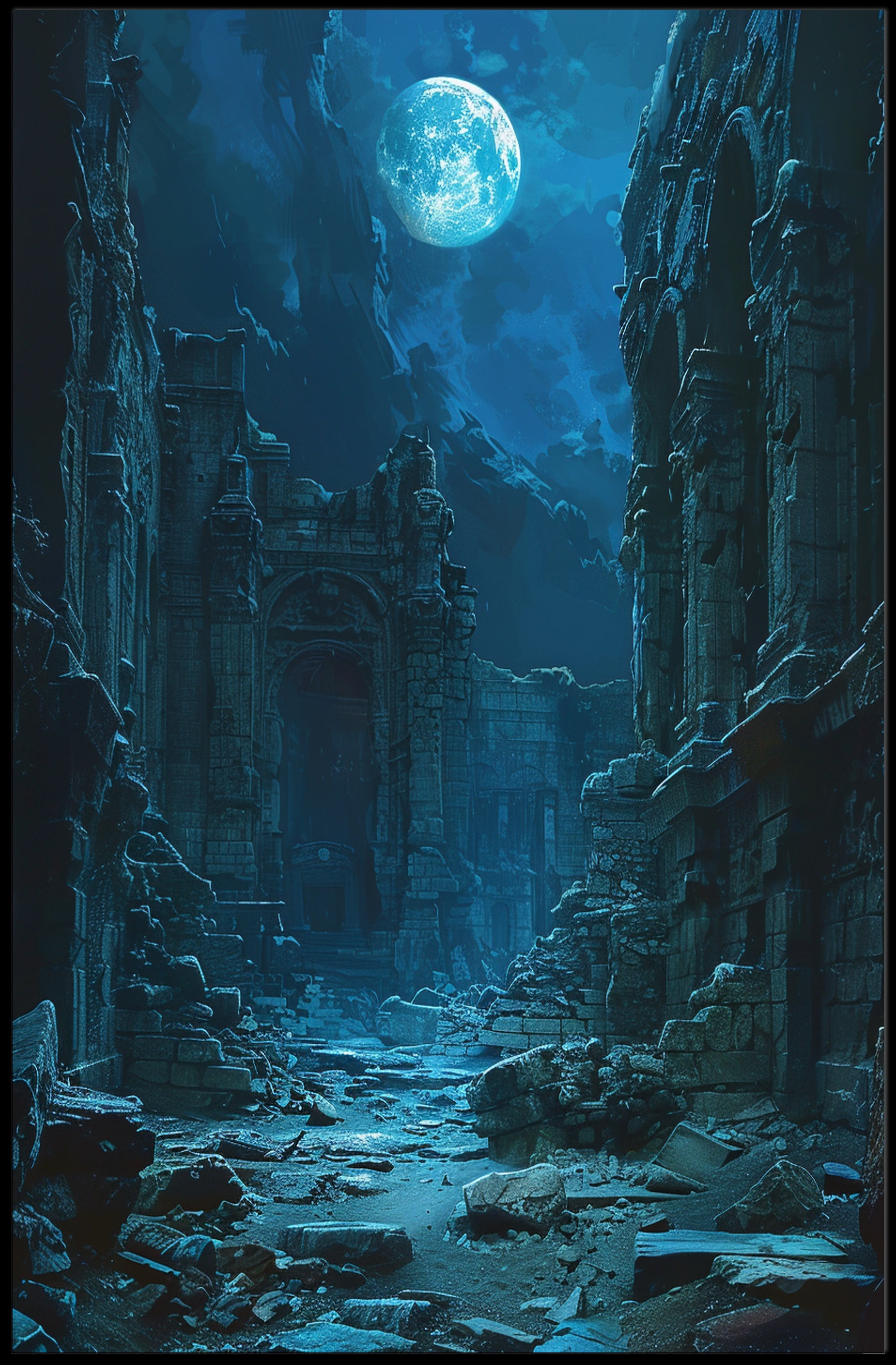Moonlit Ruins: Enchanted Scene of Ancient Civilization Fantasy Poster PosterGoat