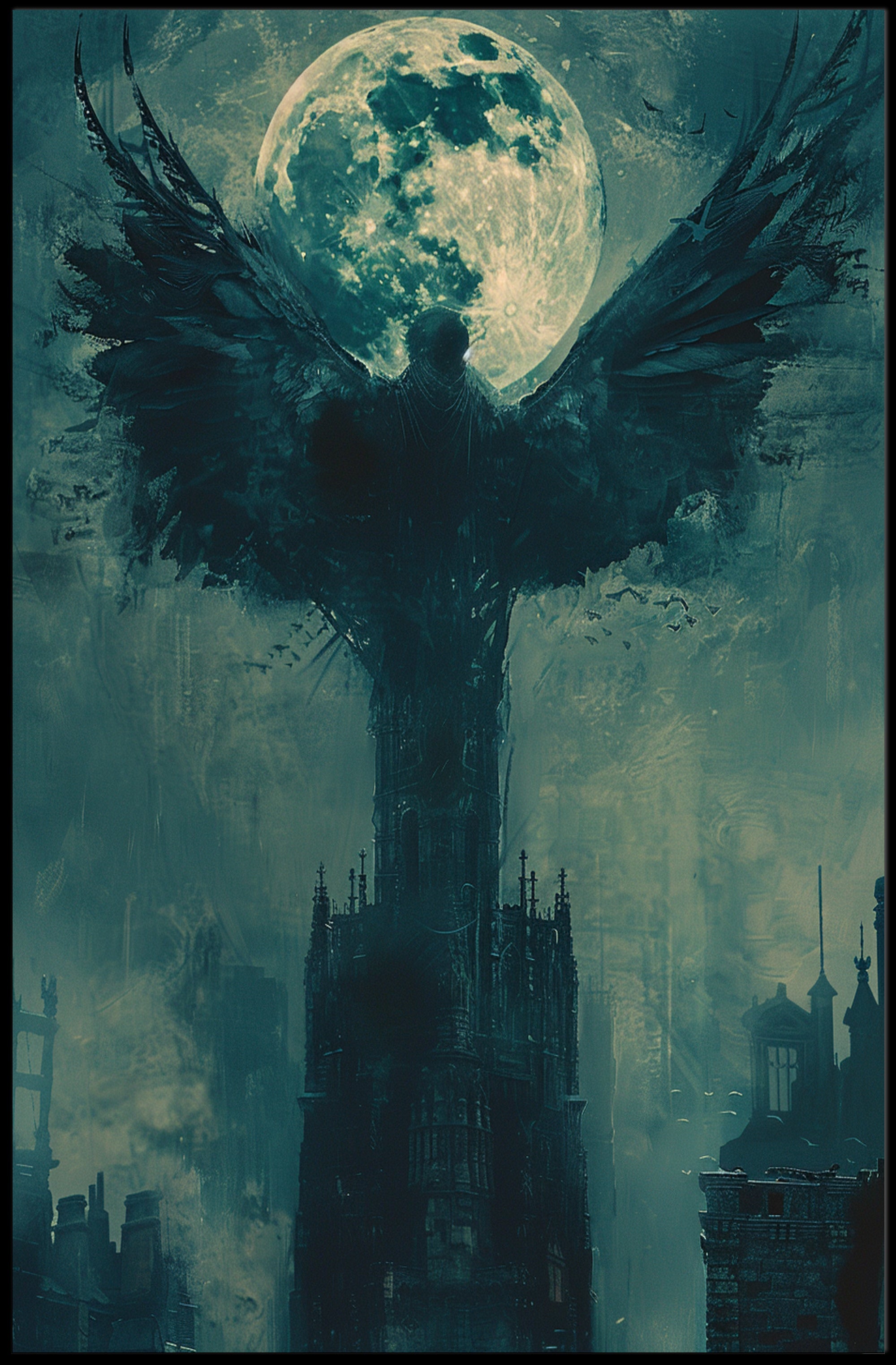 Haunting Moonlit Cityscape with Gothic Wings Fantasy Poster PosterGoat
