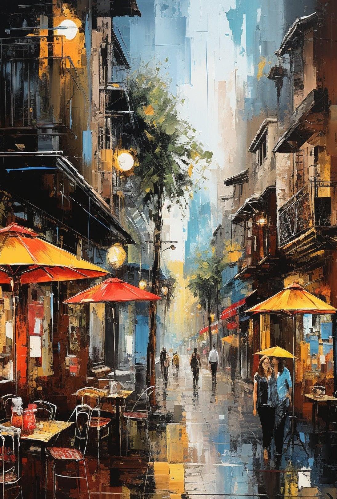 Lively European City Street Scene Artistic Poster