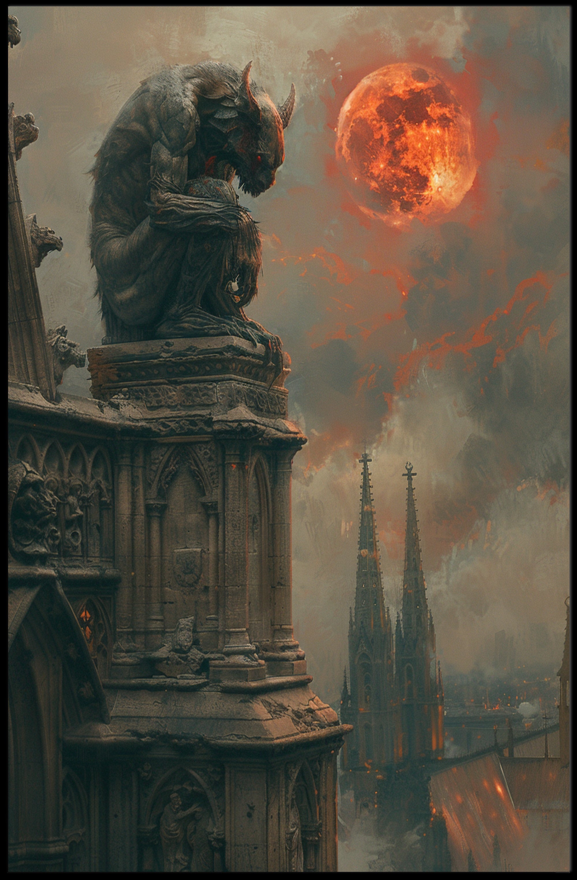 Gothic Gargoyle Under a Fiery Moon Fantasy Poster PosterGoat