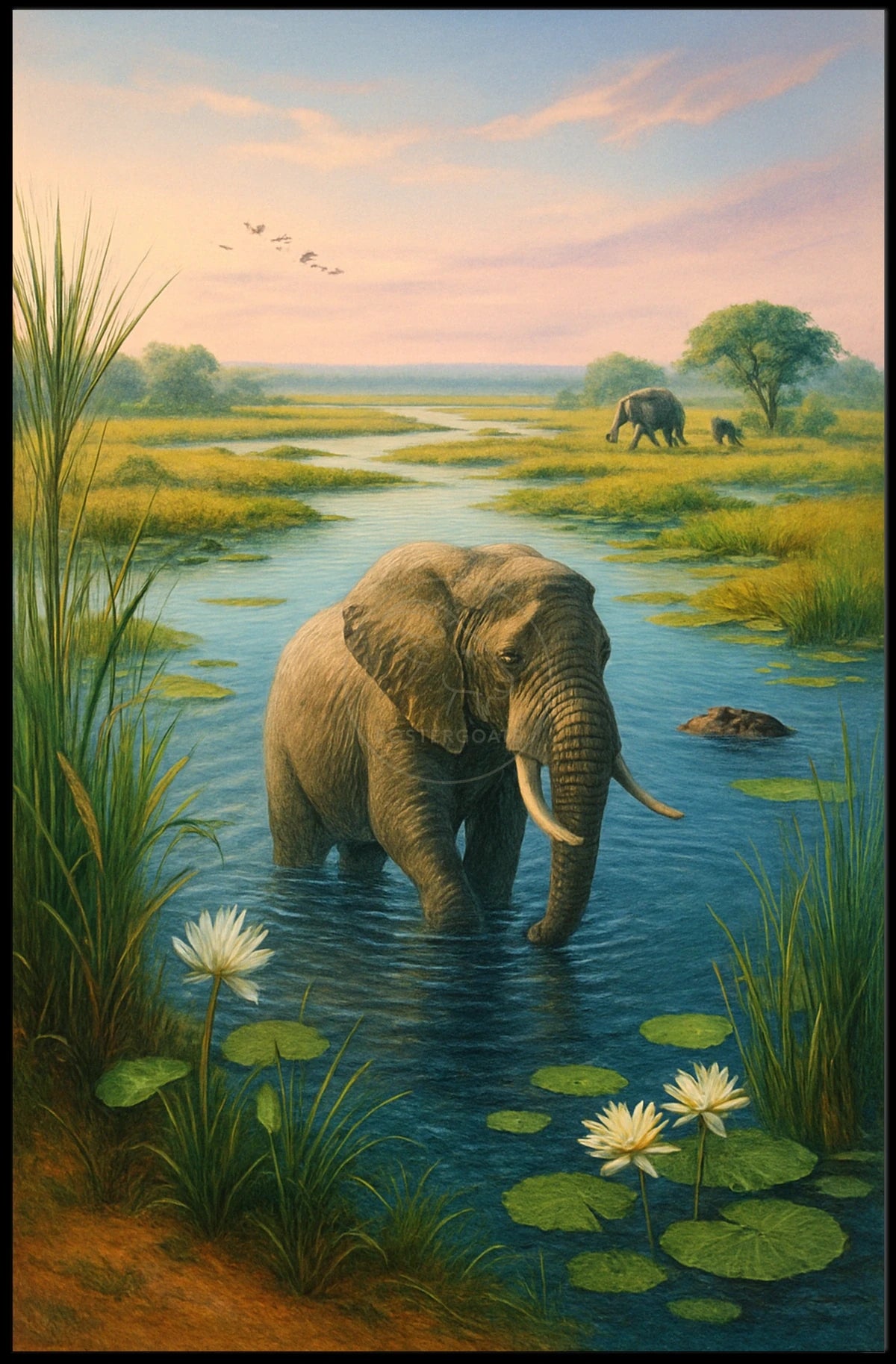 Majestic Elephant Bathing in African Savanna Animal Poster