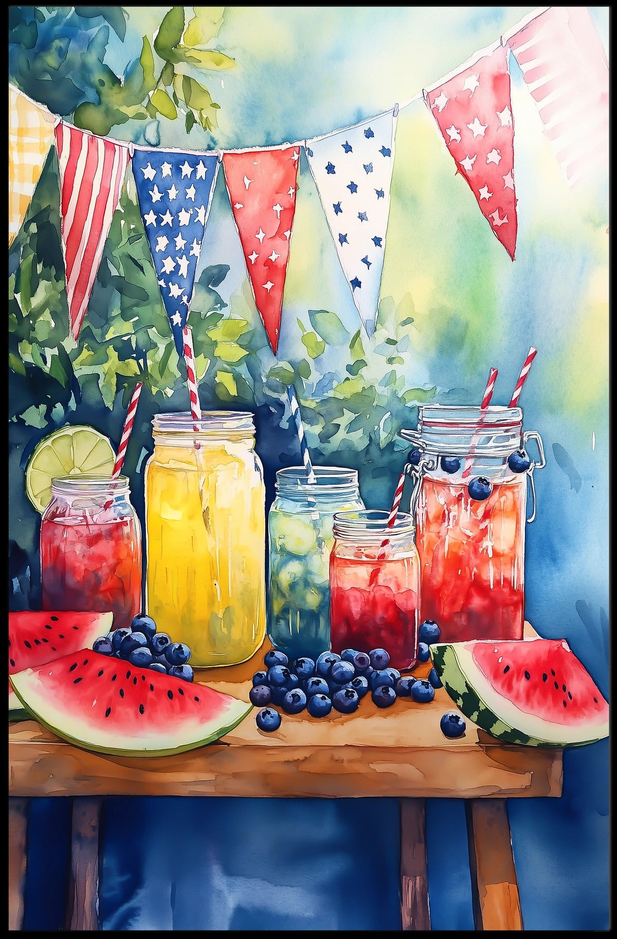 Bright Lemonade Stand Watercolor Scene 18x24 Poster