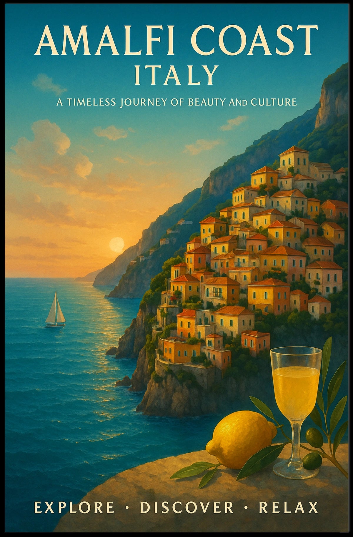 The poster showcases the Amalfi Coast in Italy, emphasizing its timeless beauty and Travel Poster