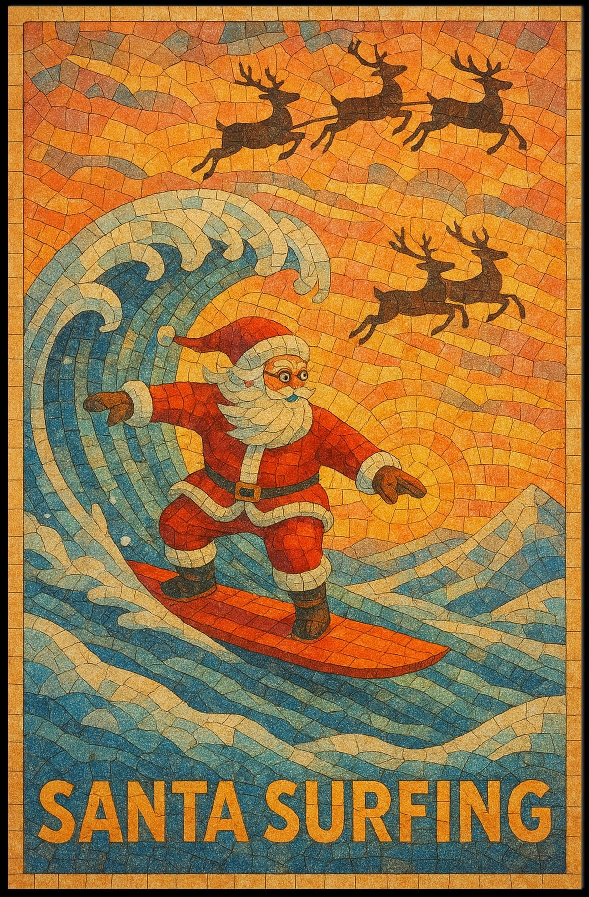 Santa Surfing Christmas Mosaic Art Poster