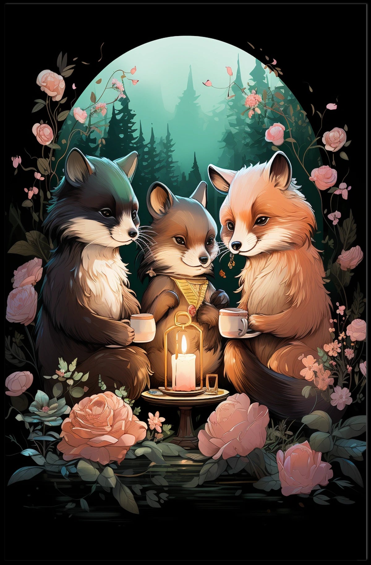 Enchanted Woodland Animals Under Moonlit Gathering