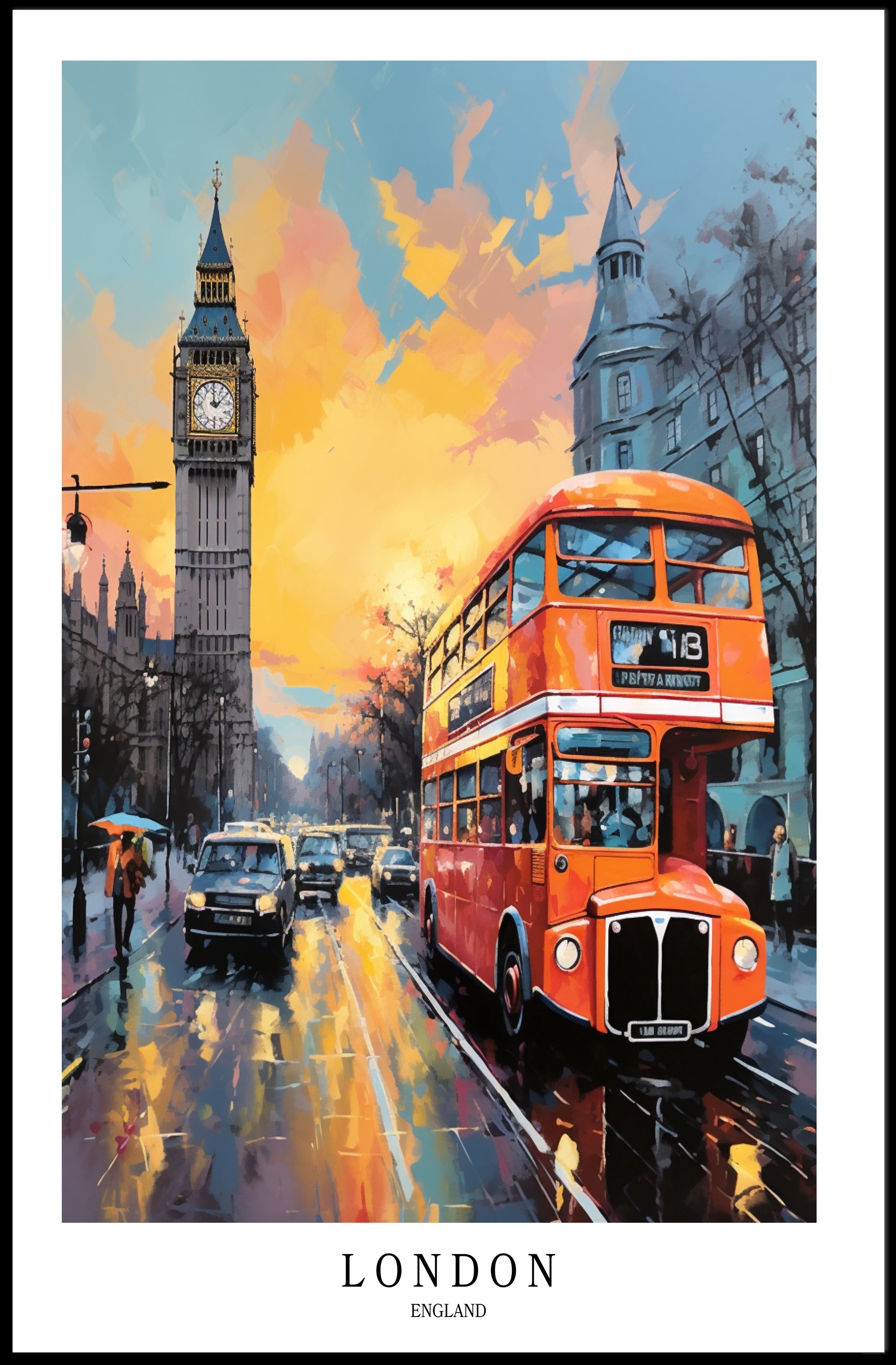 London's Urban Charm: Big Ben & Bus Cityscape Poster PosterGoat
