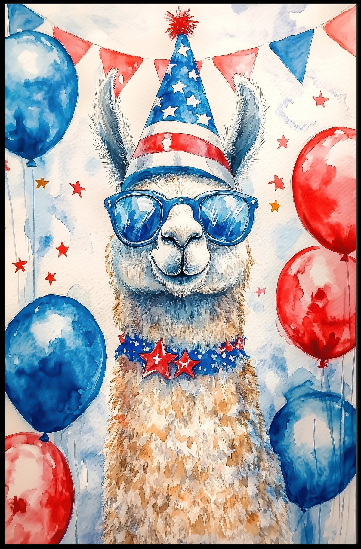 Playful watercolor of a llama wearing a stars and stripes hat and sunglasses standing in front of bunting and balloons in red white and blue Poster