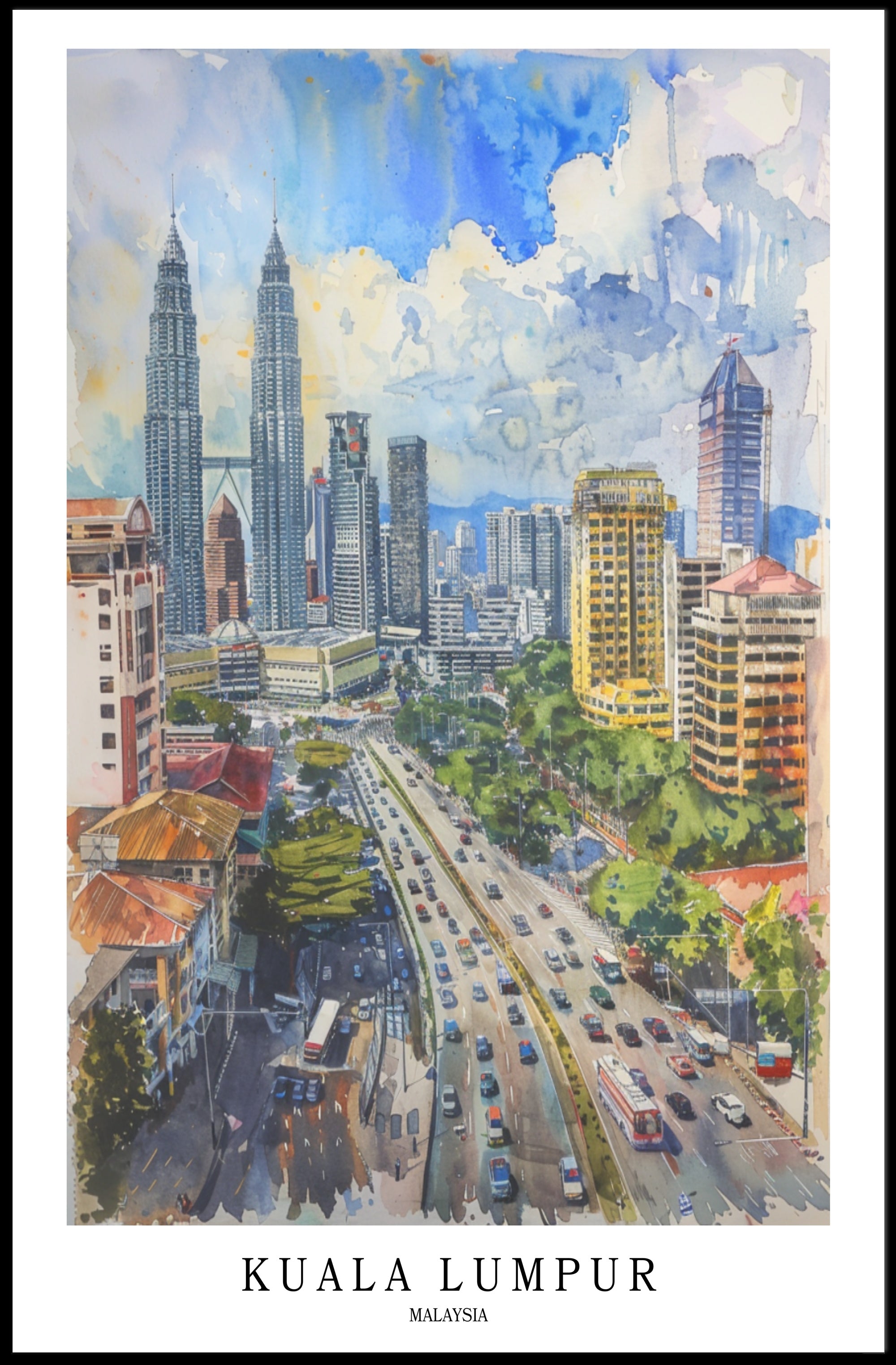 Kuala Lumpur Vibrant Cityscape Urban Watercolor Art Poster PosterGoat