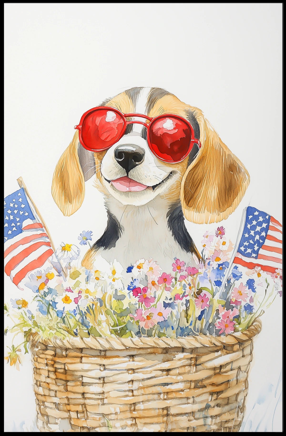 Beagle Puppy With Red Sunglasses In Flower Basket Poster