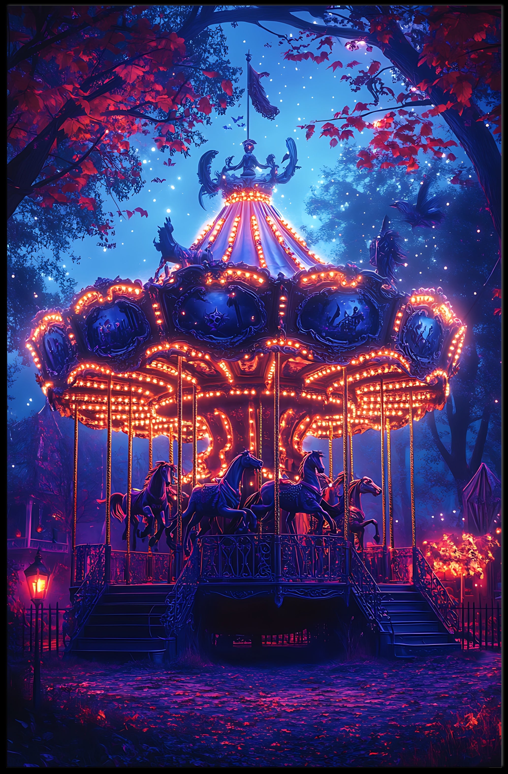 Enchanted Carousel in Autumn Night Fantasy or Mythology Poster