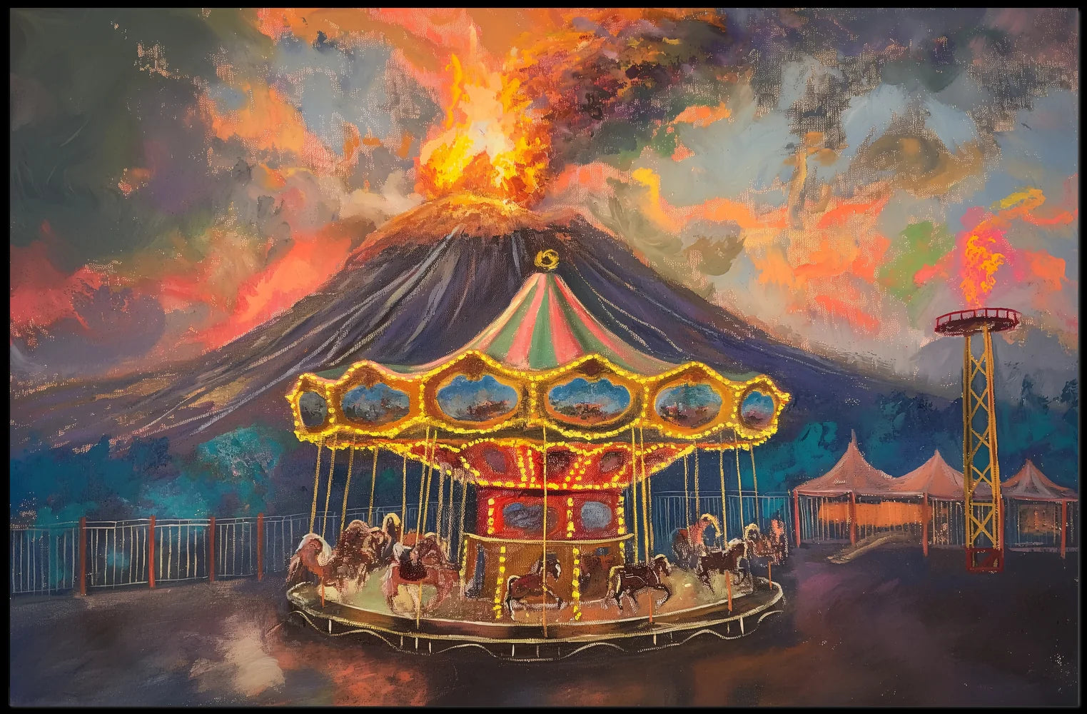 Surreal Carousel and Volcano Imaginative Art Poster