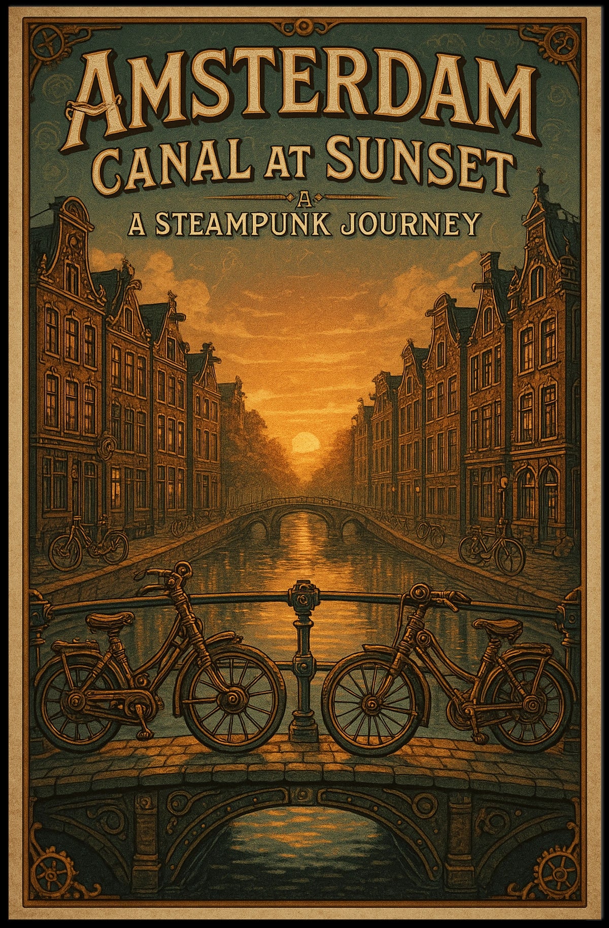 Amsterdam Canal At Sunset A Steampunk Poster
