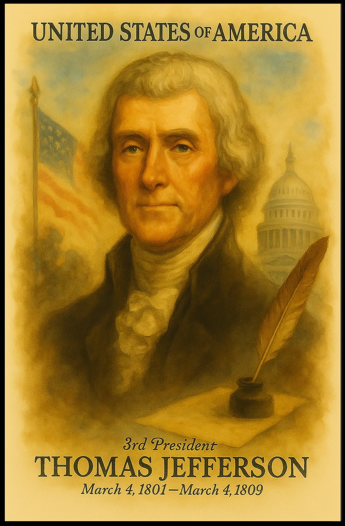 Thomas Jefferson 3rd President of the United States Vintage Watercolor Poster