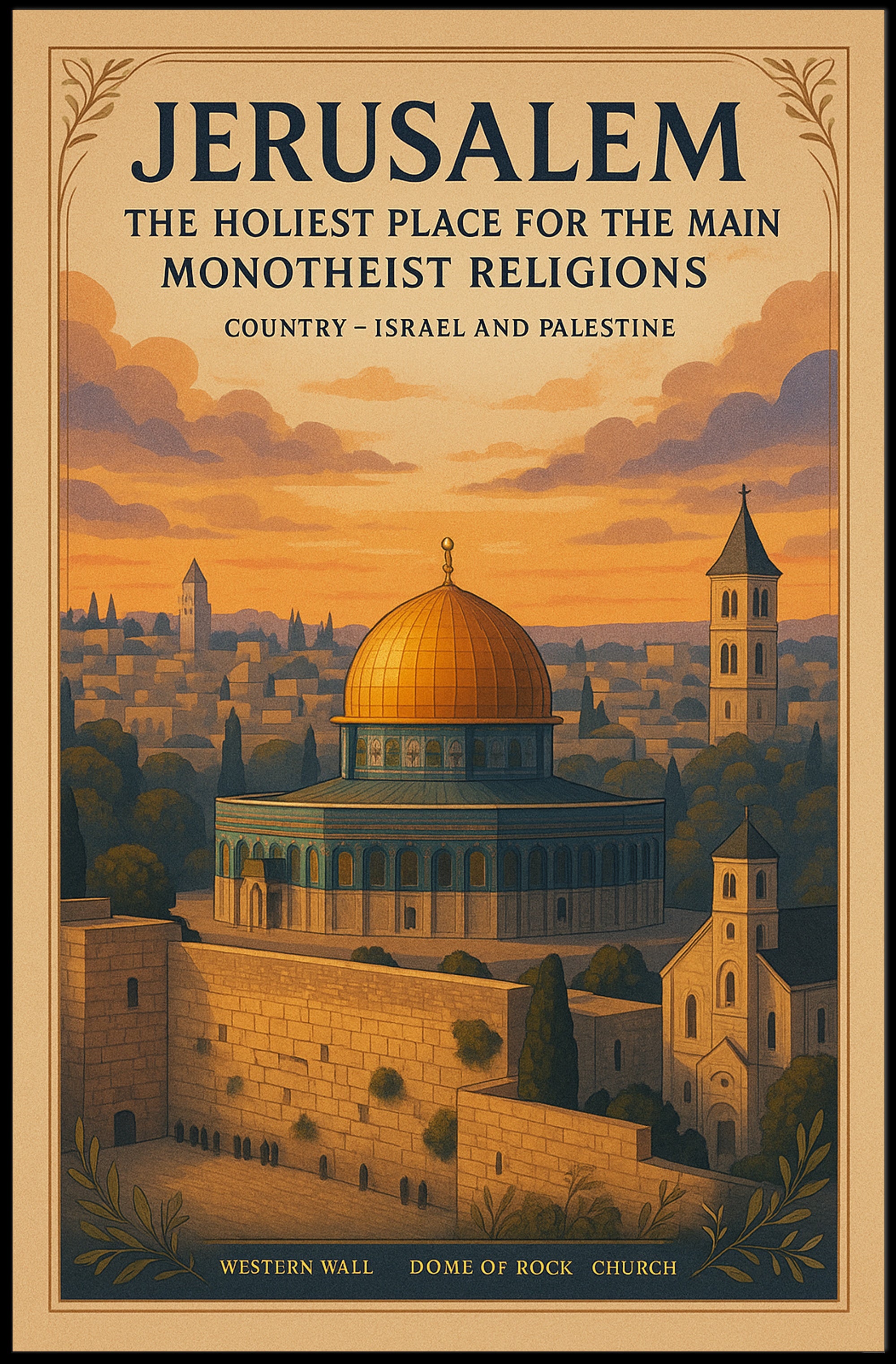 Jerusalem Dome Vintage Cityscape Sunset Cultural or Heritage Poster