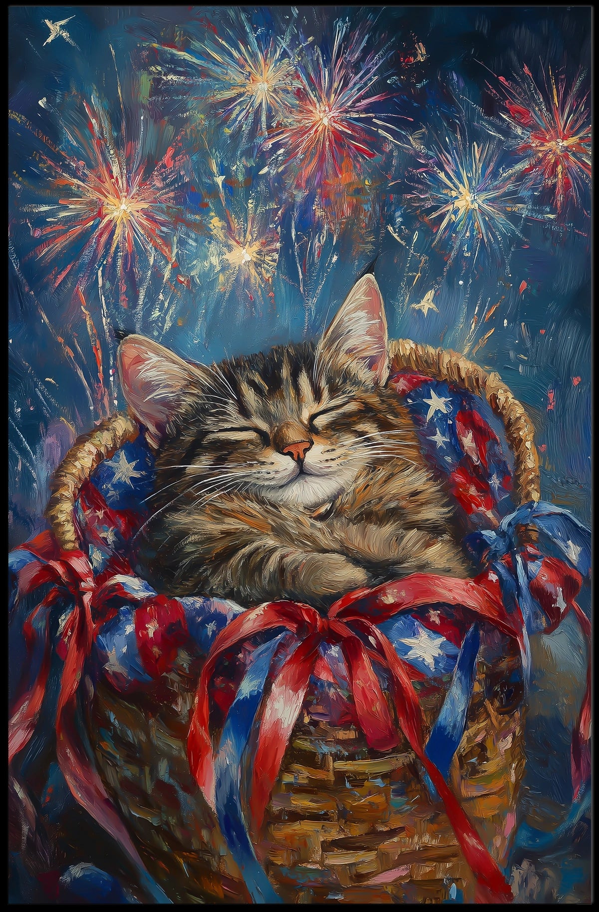 Brown Tabby Cat In Basket With Fireworks Flag Poster