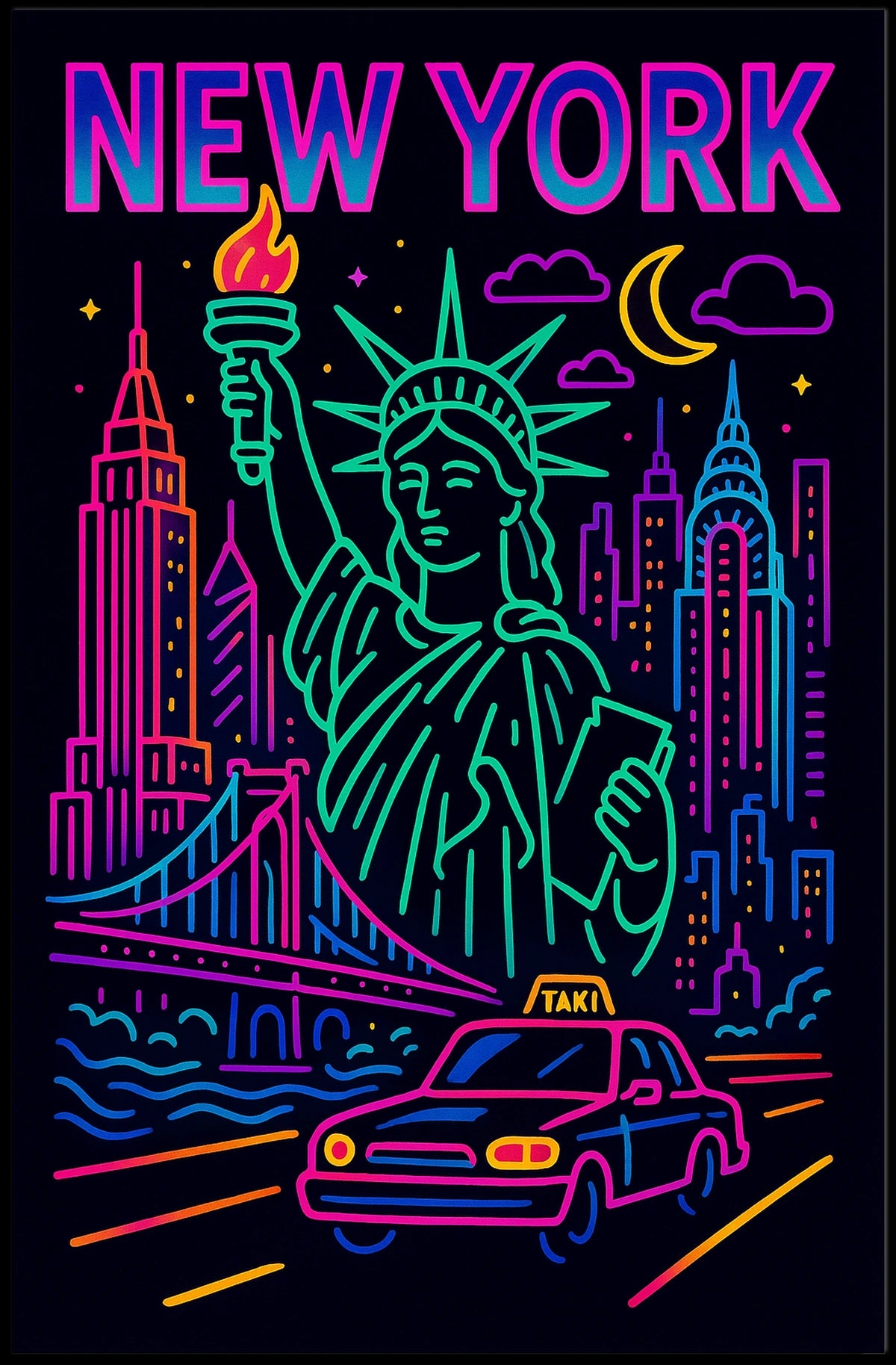 New York Neon Nightlife Cityscape Poster Modern Wall Art