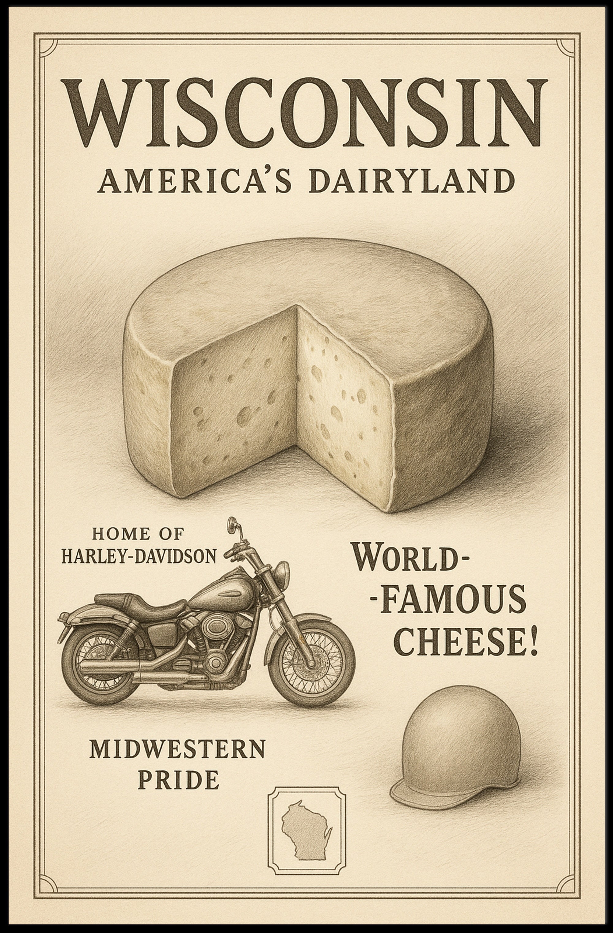 Wisconsin's Vintage Motorcycle and Cheese Cultural or Heritage Poster