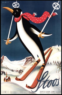 Whimsical Penguin Ski Adventure Travel Poster PosterGoat