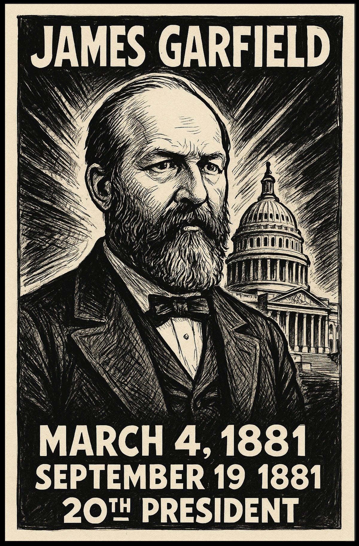 James A. Garfield 20th President of the United States B & W Comic Sketch Poster