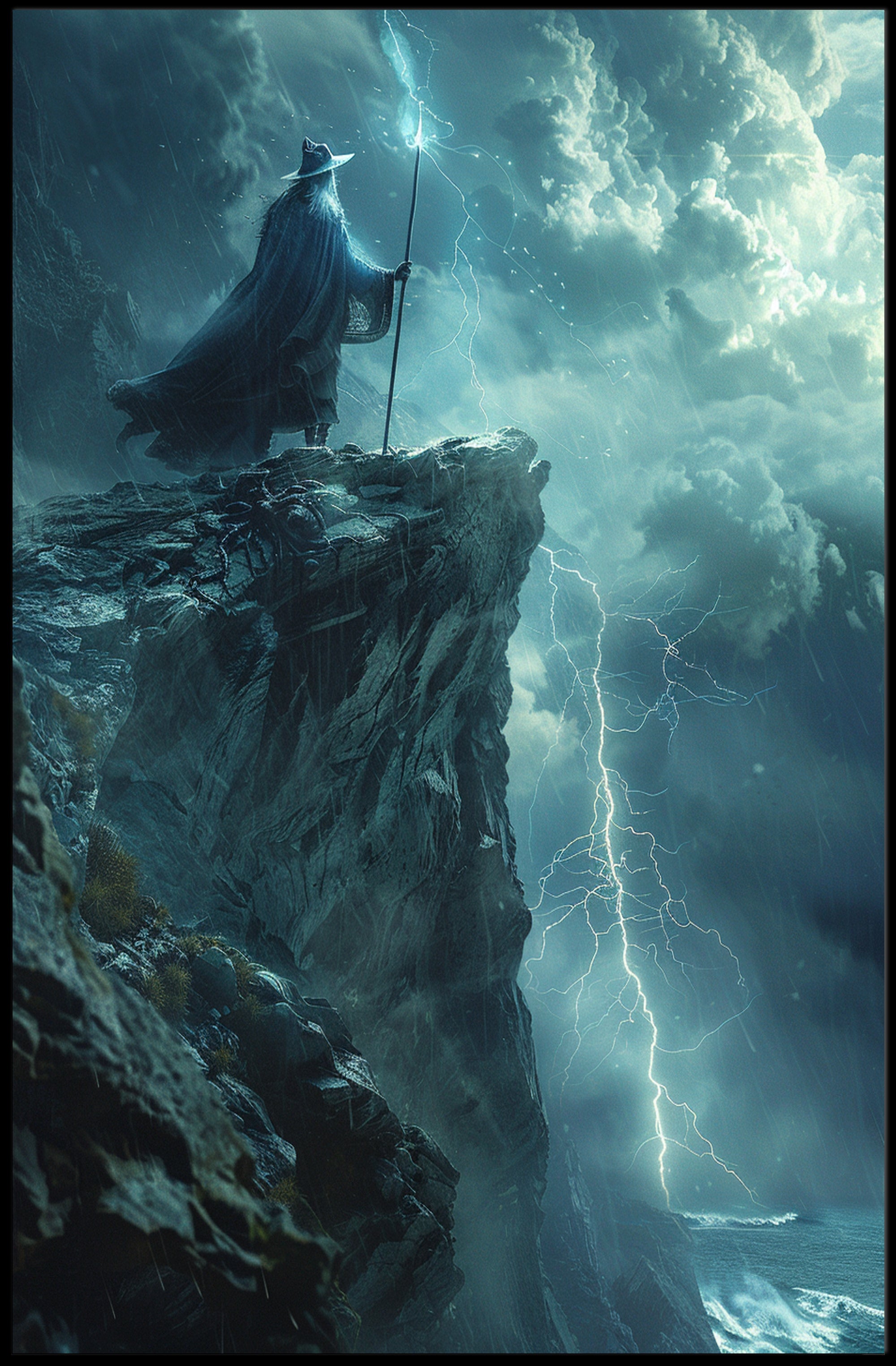 Mystical Figure on Stormy Cliff Fantasy or Mythology Poster PosterGoat
