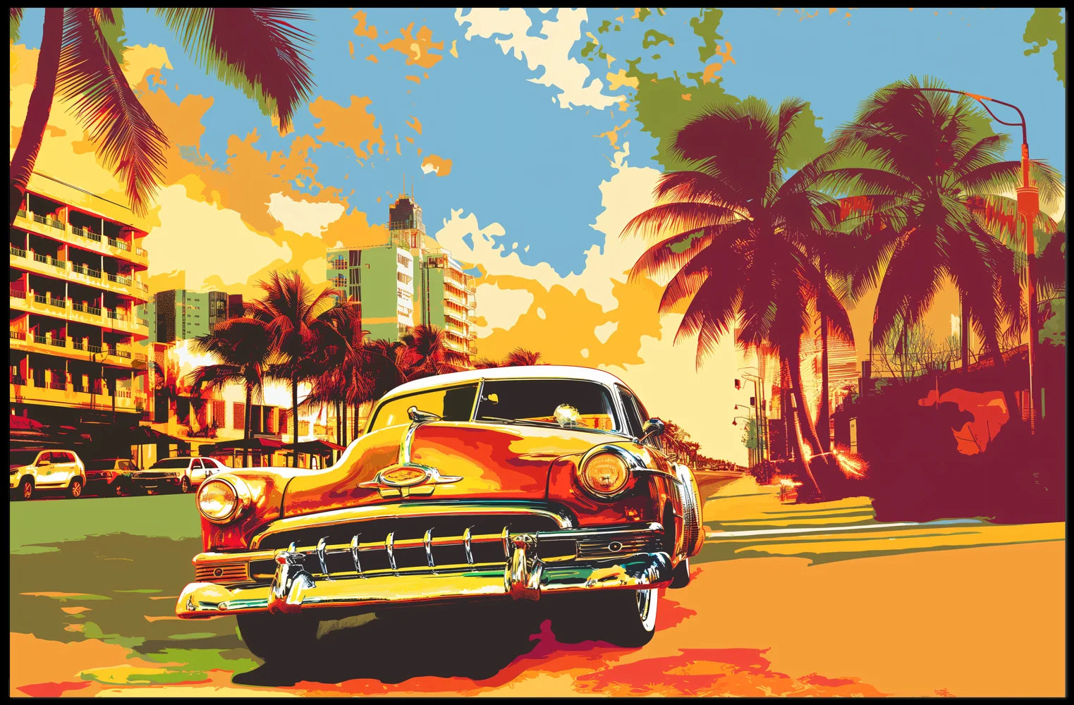 Vintage Car Tropical Cityscape Pop-Art Poster