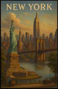 New York City Skyline Cityscape Poster Vintage Wall Art
