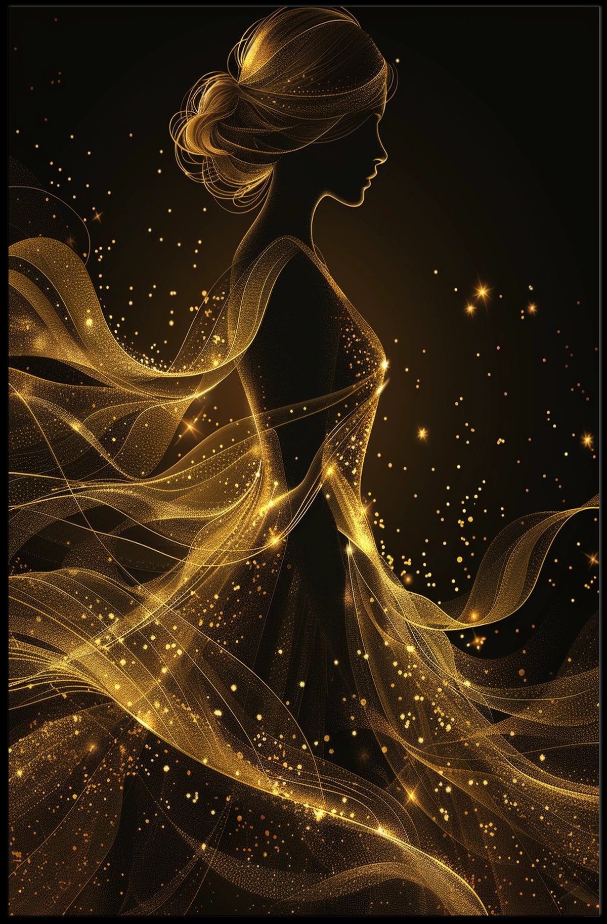 Ethereal Silhouette: Golden Gossamer Woman Art Poster