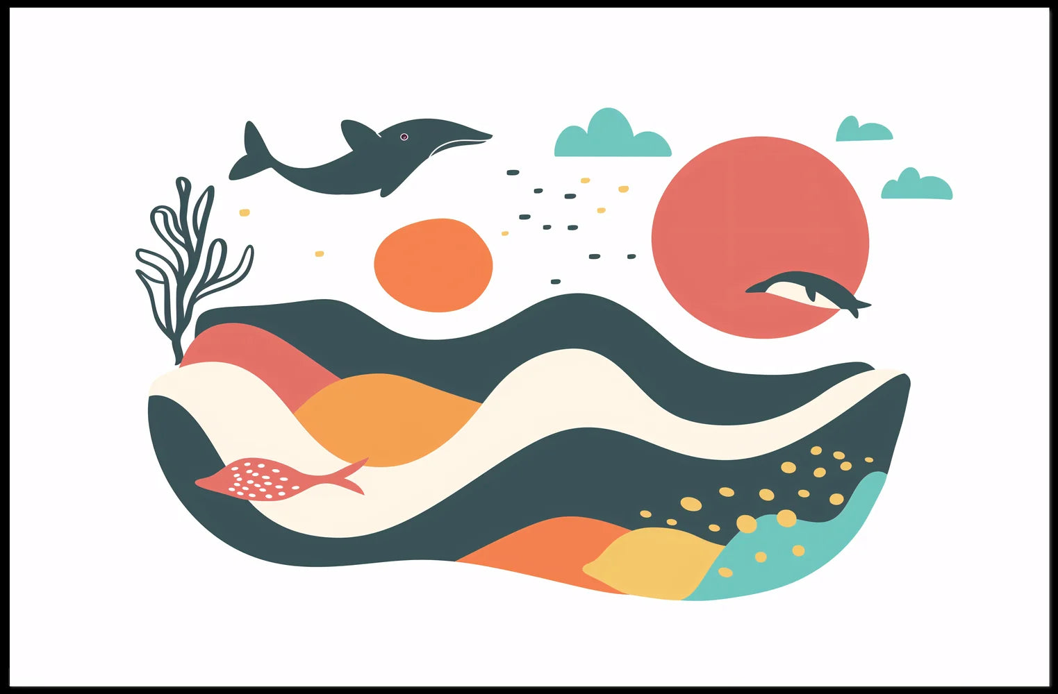 The poster features a whimsical and abstract marine scene. Central to the design Travel Poster