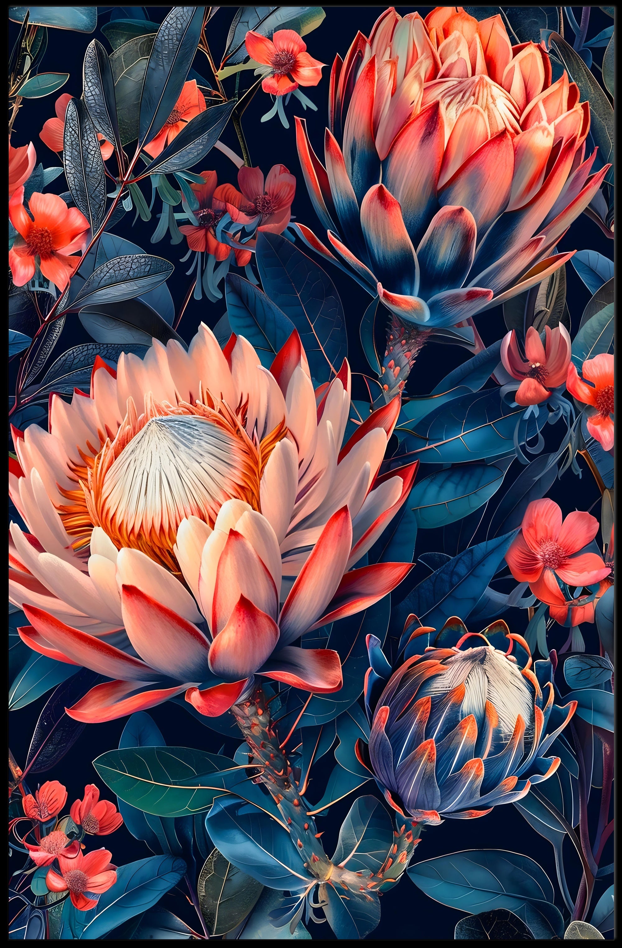 Vibrant Protea Flower Botanical Art Print - Artistic Poster