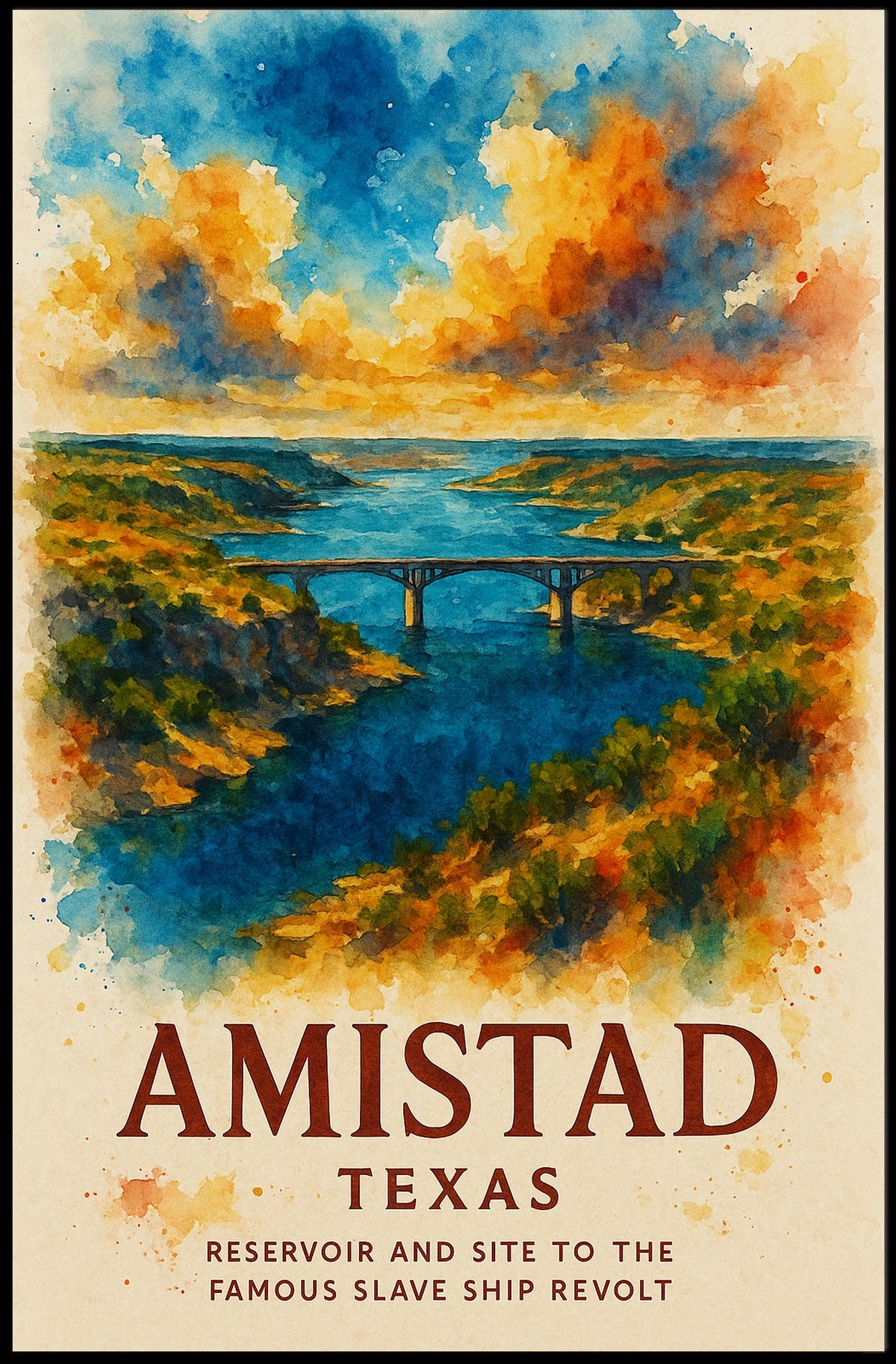 Amistad Reservoir Scenic Watercolor Art Poster